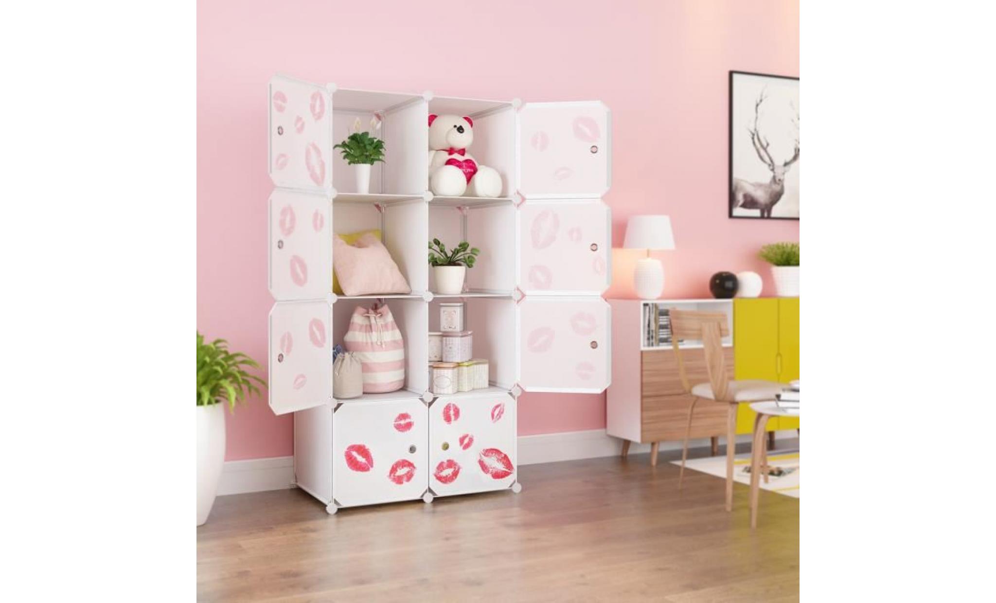 langria armoire penderie placard 8 cubes Étagères plastique meuble de rangement de vêtements&chaussures avec portes blanc