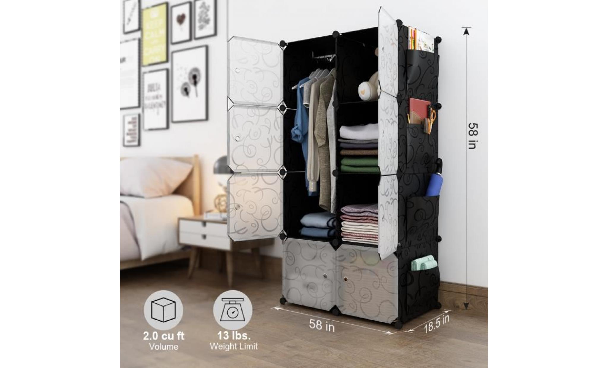 langria armoire penderie placard 8 cubes modulaire Étagères plastique meuble de vêtements&chaussures avec portes blanches pas cher