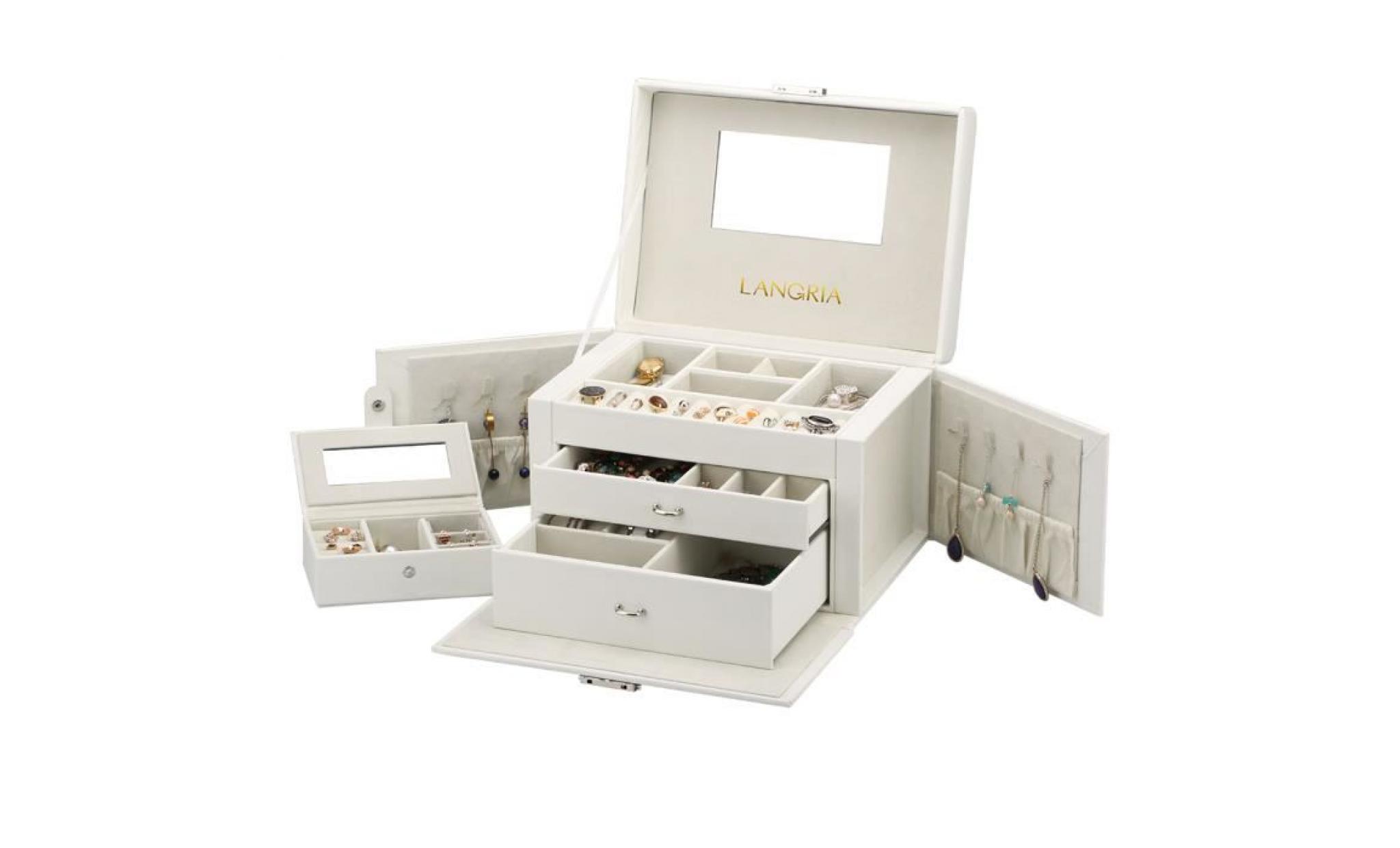langria boîte à bijoux organisateur de stockage maquillage verrouillable avec couvercle relevable miroir et tiroirs blanc