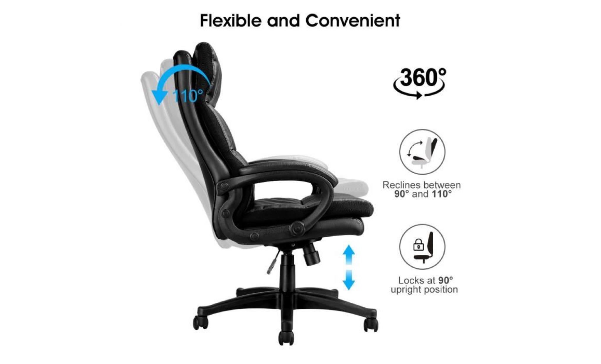 langria fauteuil de bureau chaise de bureau sur roulettes hauteur réglabl en cuir ergonomique rembourré siège dos noir pas cher