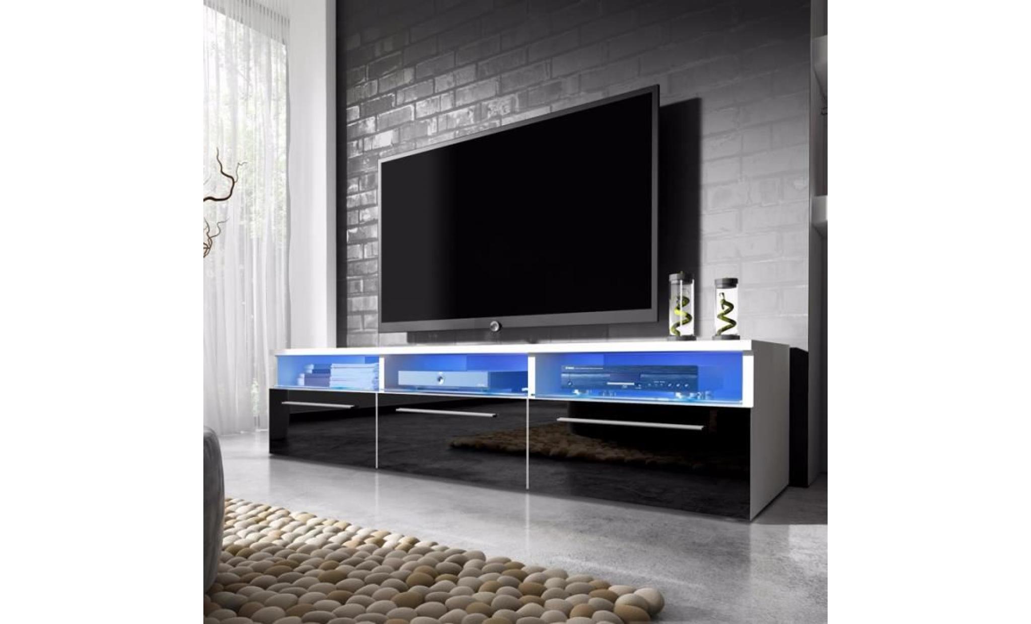 meuble tv / meuble salon   lavello   140 cm   blanc mat / noir brillant   avec led bleue   style classique et moderne