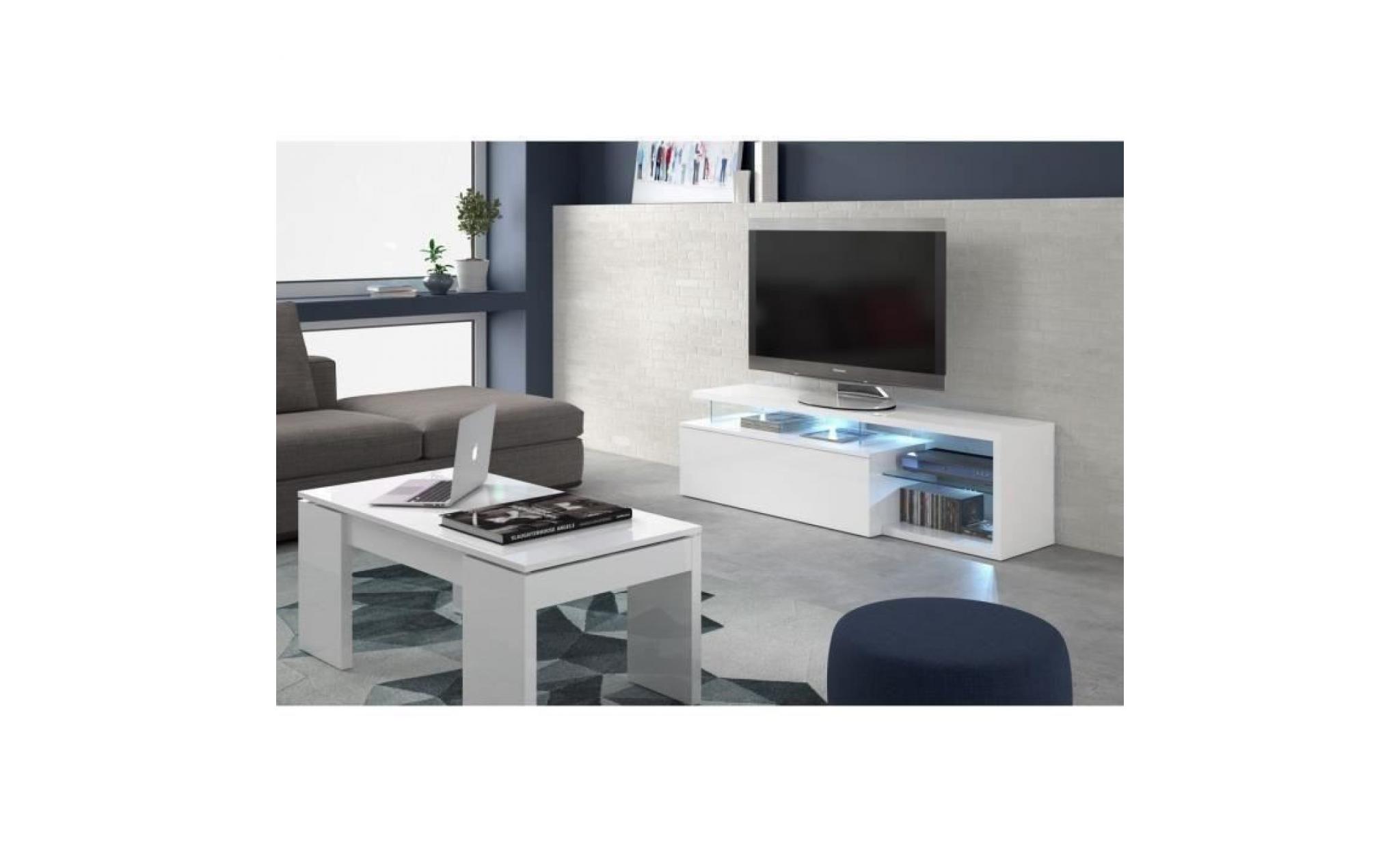 ledd meuble tv avec led contemporain blanc et tablettes en verre   l 150 cm pas cher