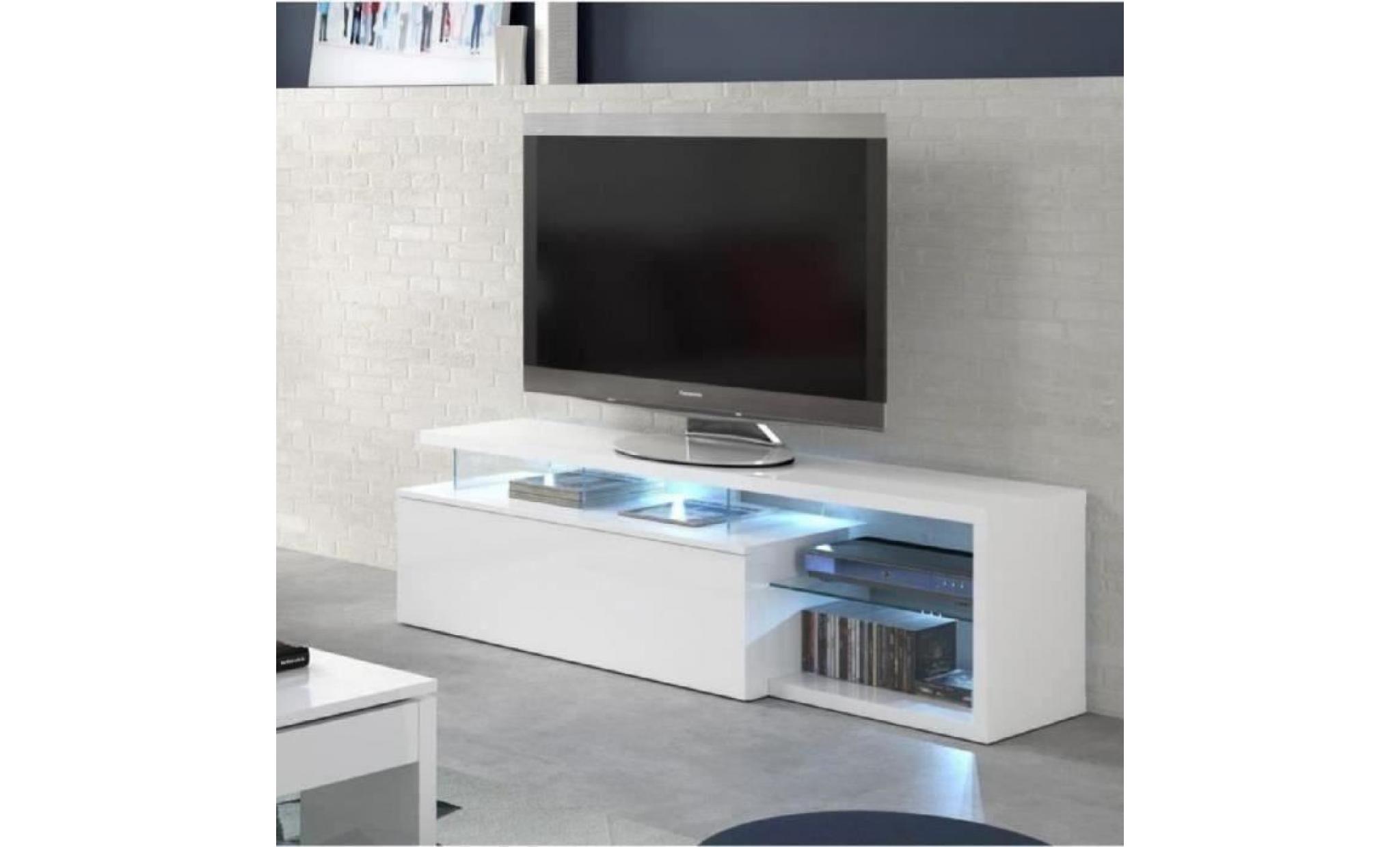 ledd meuble tv avec led contemporain blanc et tablettes en verre   l 150 cm pas cher