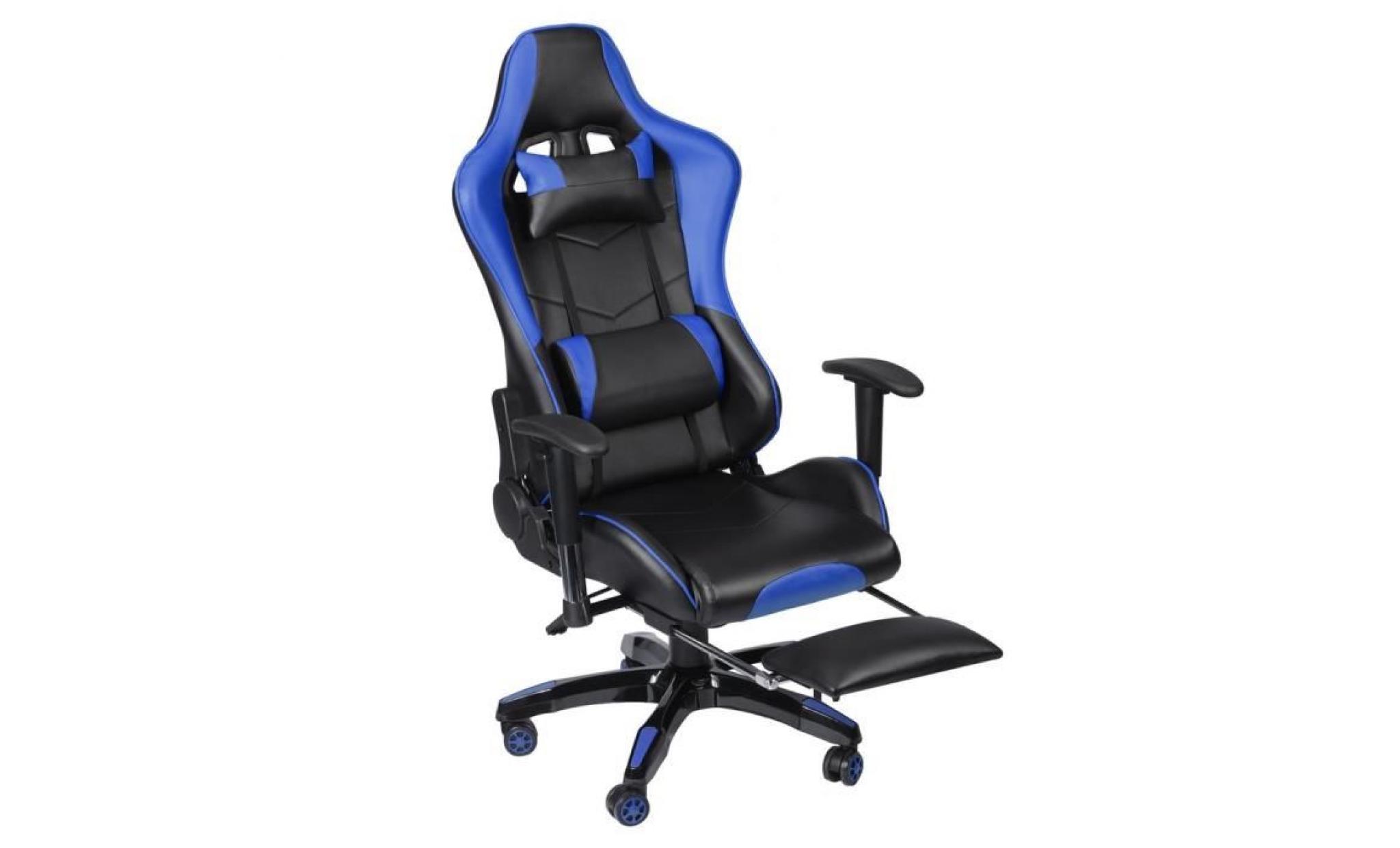 leshp fauteuil gamer chaise de jeu bleu avec repose pied, pivot à 135° hauteur réglable pas cher