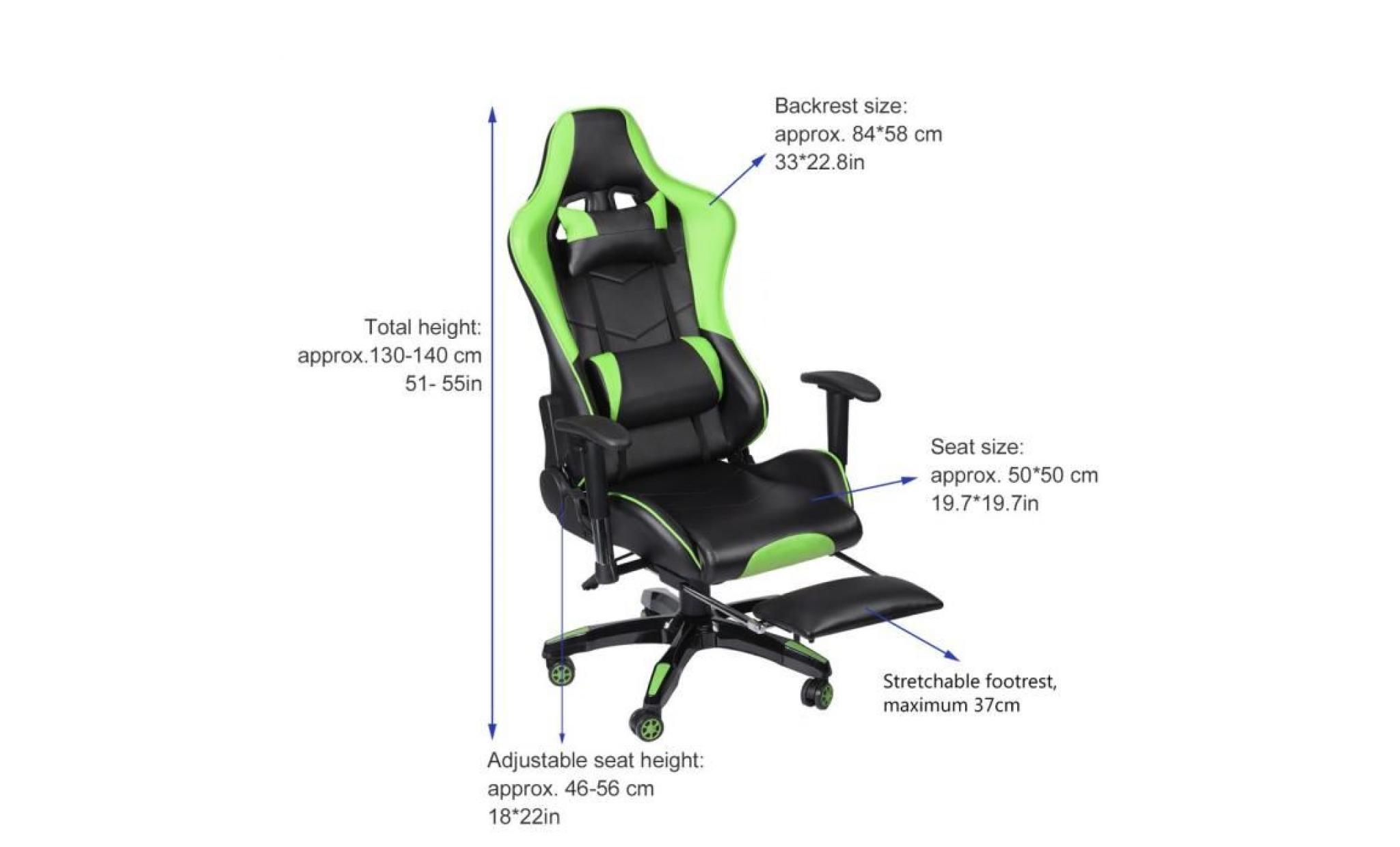 leshp® chaise de bureau gaming fauteuil gamer chair style racing racer siège vert pas cher