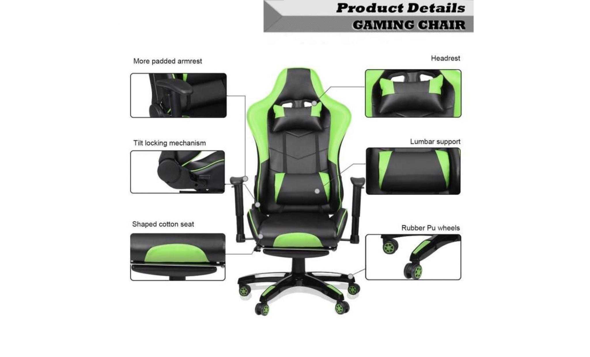 leshp® chaise de bureau gaming fauteuil gamer chair style racing racer siège vert pas cher