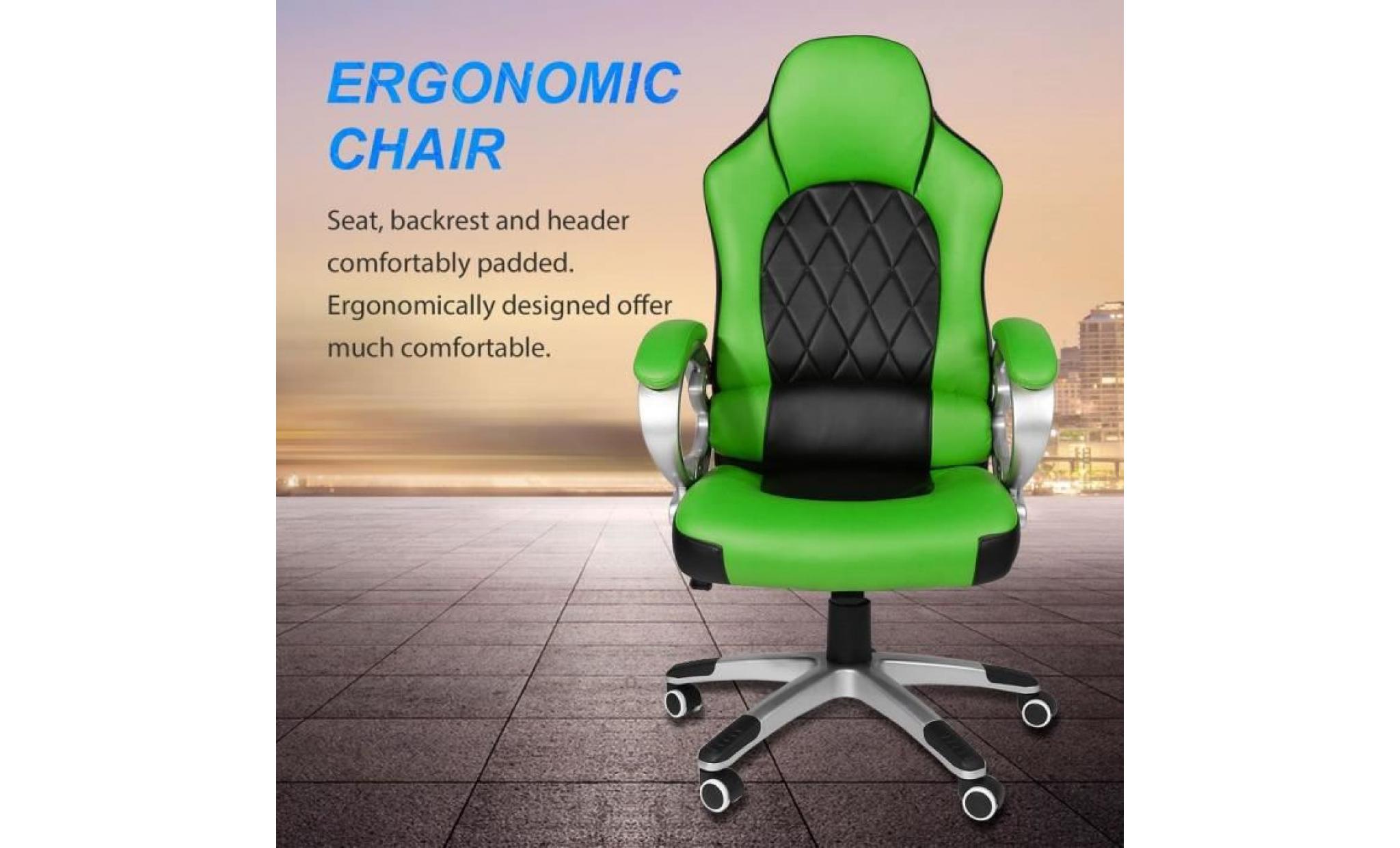 leshp® fauateuil gaming fauteuil de jeu vidéo chaise de bureau de maison vert noir