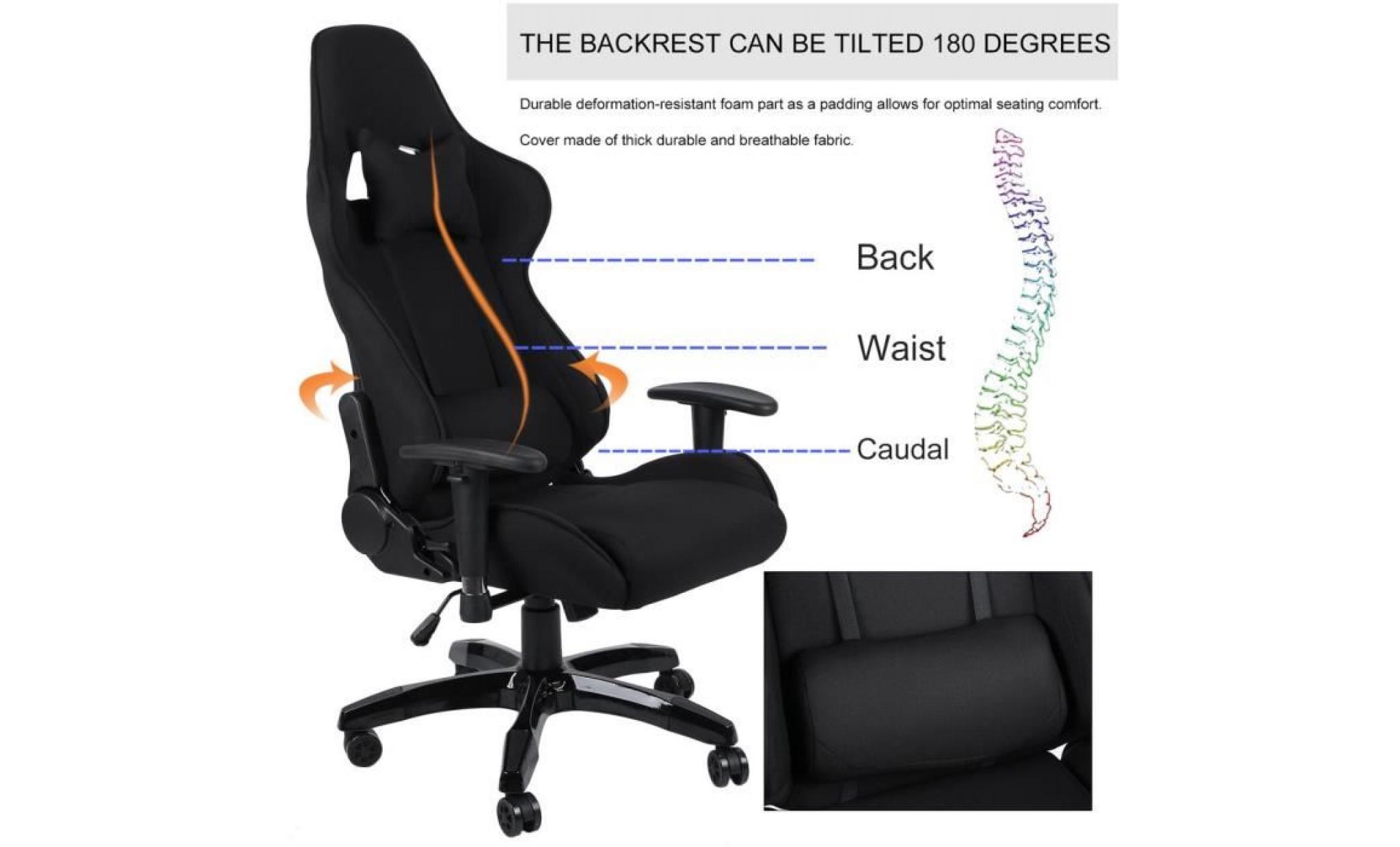 leshp® fauteuil de bureau en tissu respirant super confortable pivotant à 360 degrés noir