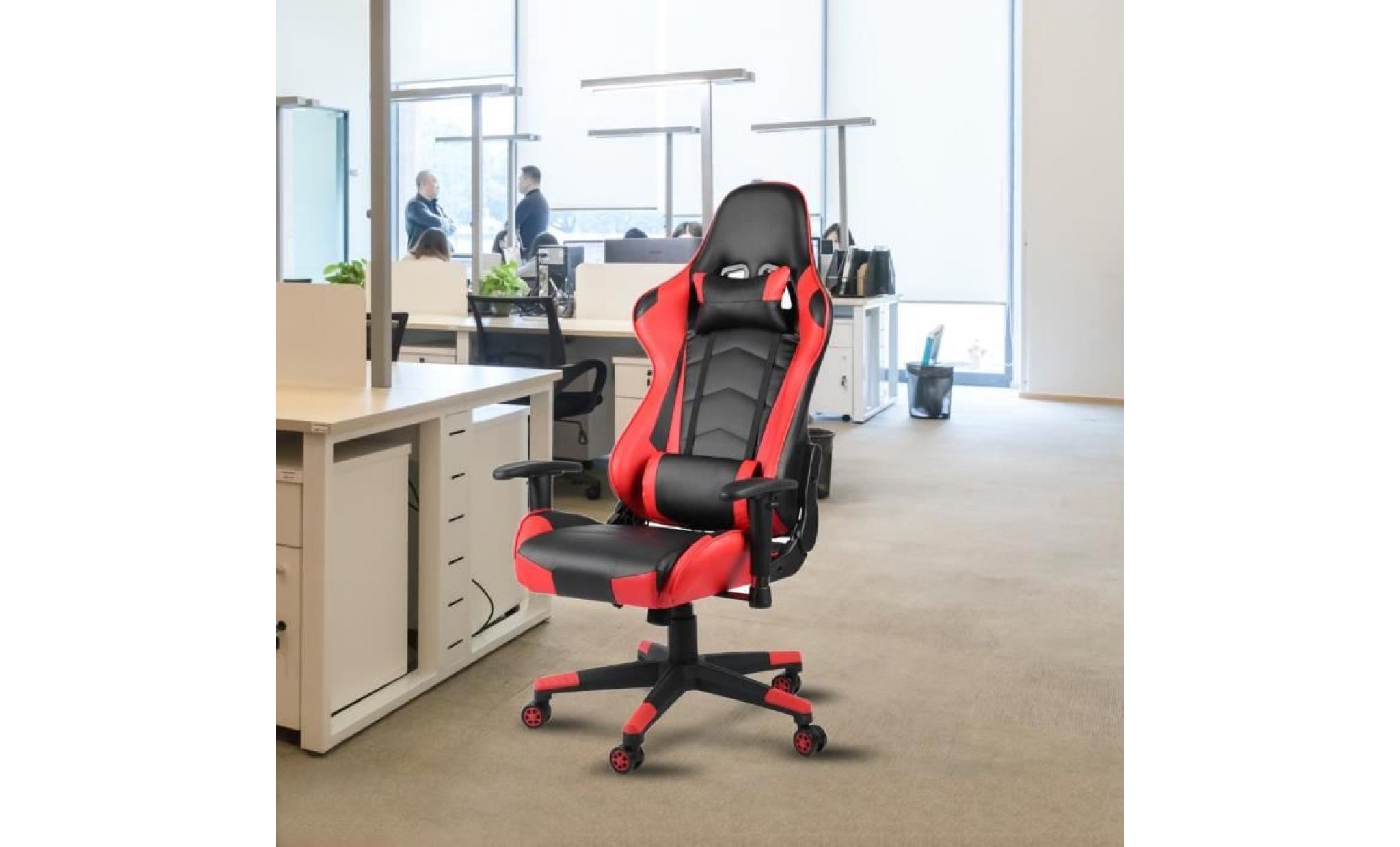 leshp® fauteuil gamer chaise de jeu avec pivot d'appui tête à 135 ° roues roulantes design modern rouge