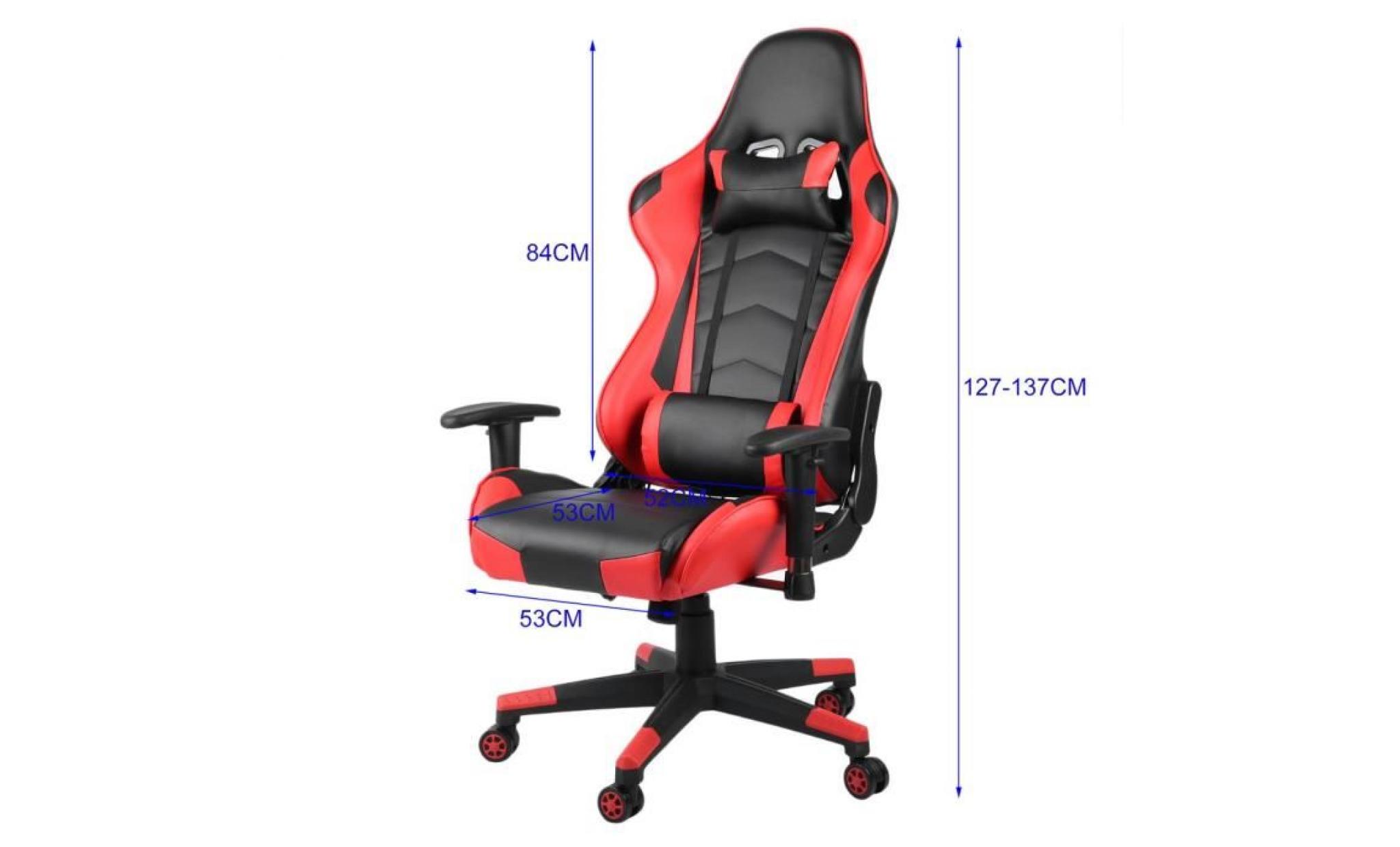 leshp® fauteuil gamer chaise de jeu avec pivot d'appui tête à 135 ° roues roulantes design modern rouge pas cher
