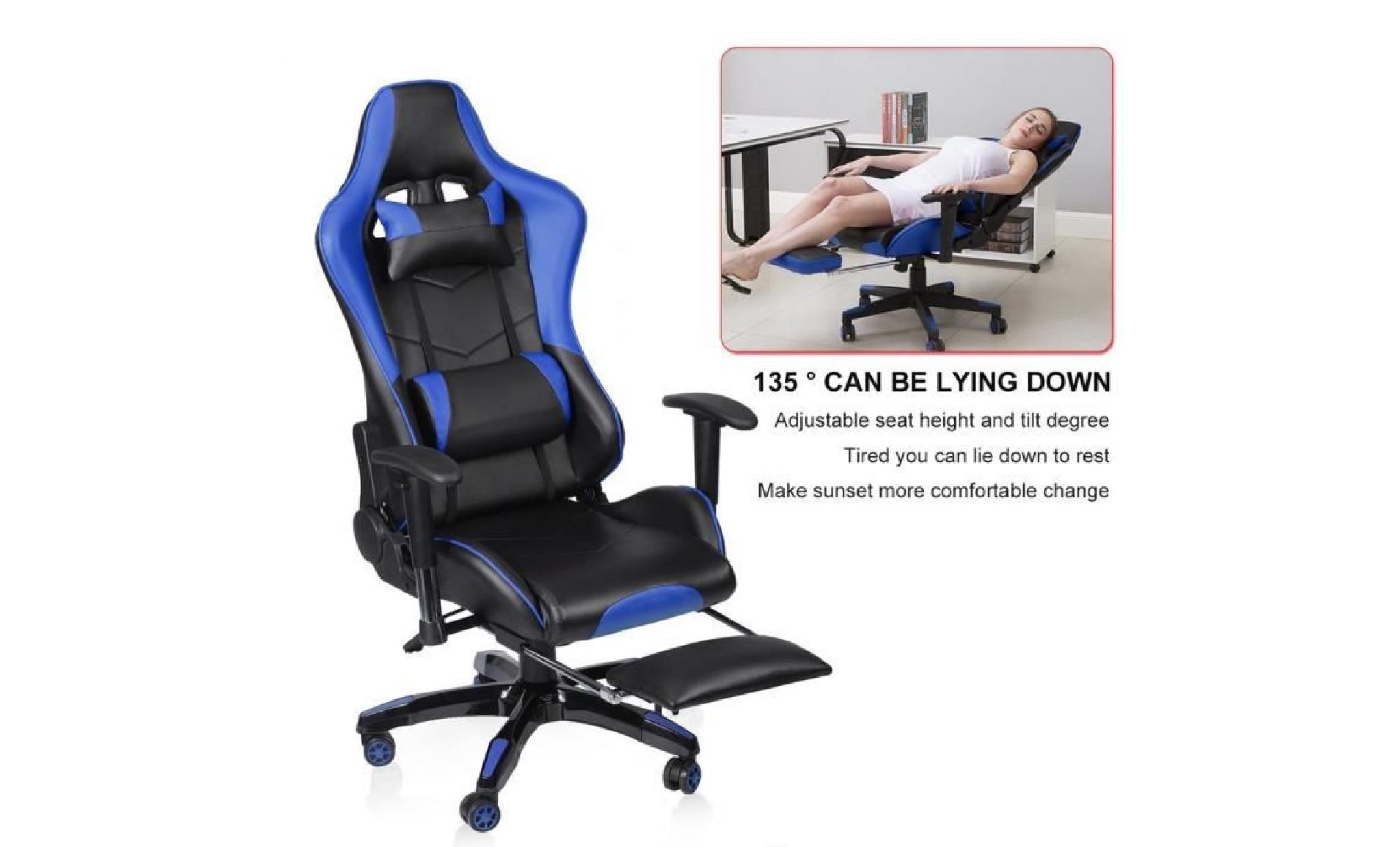 leshp® fauteuil gamer chaise de jeu avec repose pied, pivot à 135° hauteur réglable bleu
