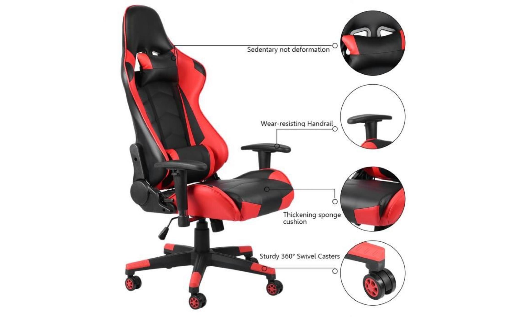 leshp® fauteuil gamer chaise de jeu de bureau hauteur réglable 360° rotation avec repose pied roues siège pu rouge pas cher