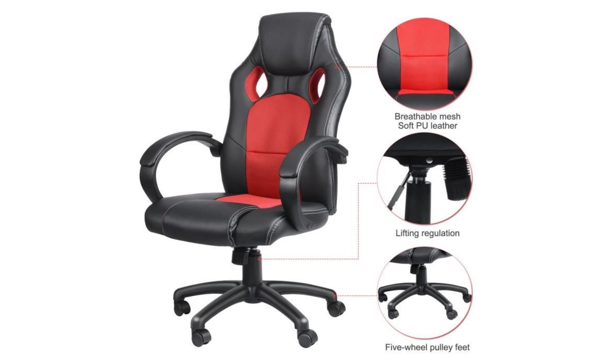 leshp® gaming fauteuil roulant ergonomique chaise de bureau noir et rouge hauteur réglable pas cher