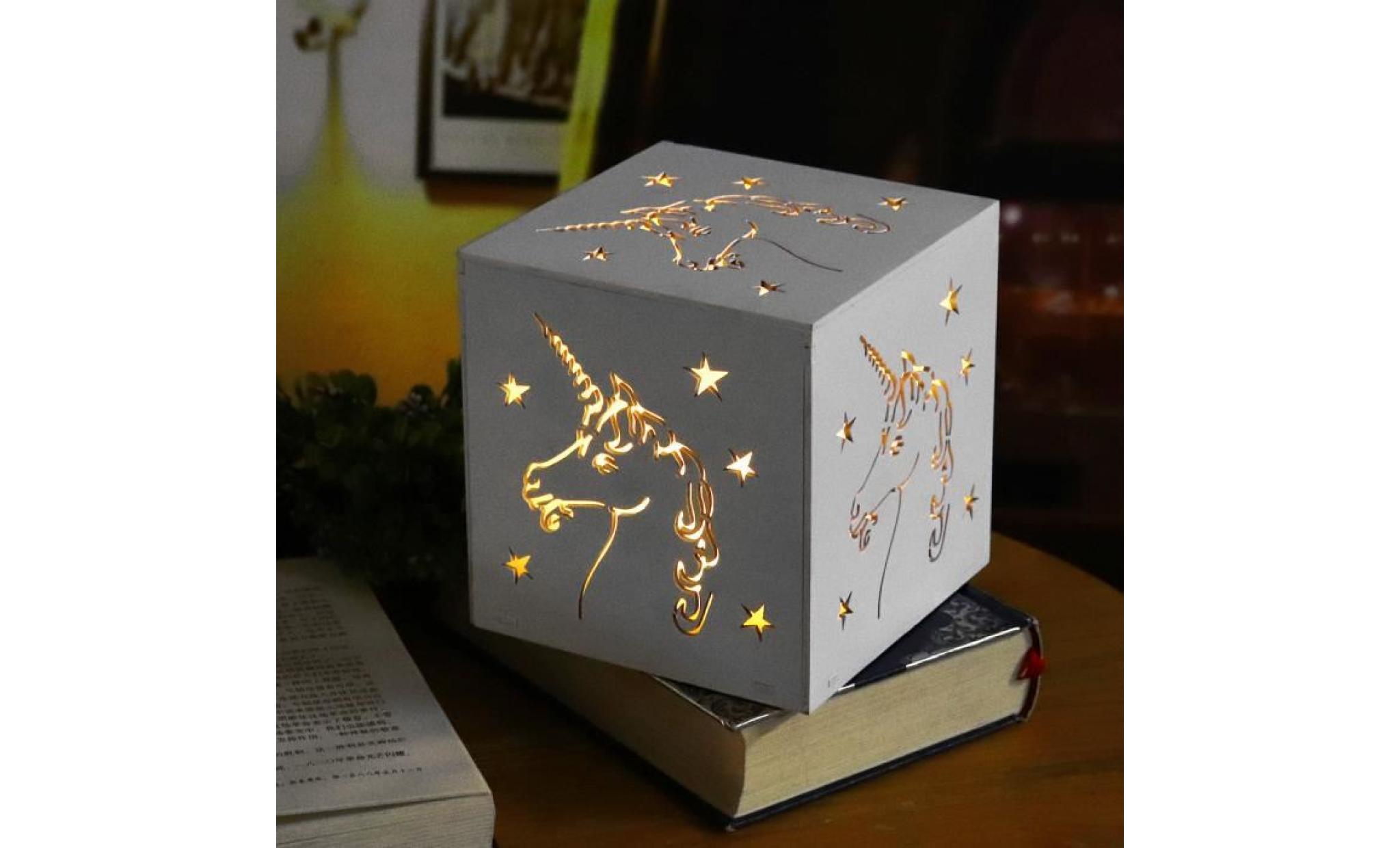 licorne led cube veilleuse lampe de chevet creux sculpté lumière nuit bureau décor maison chambre