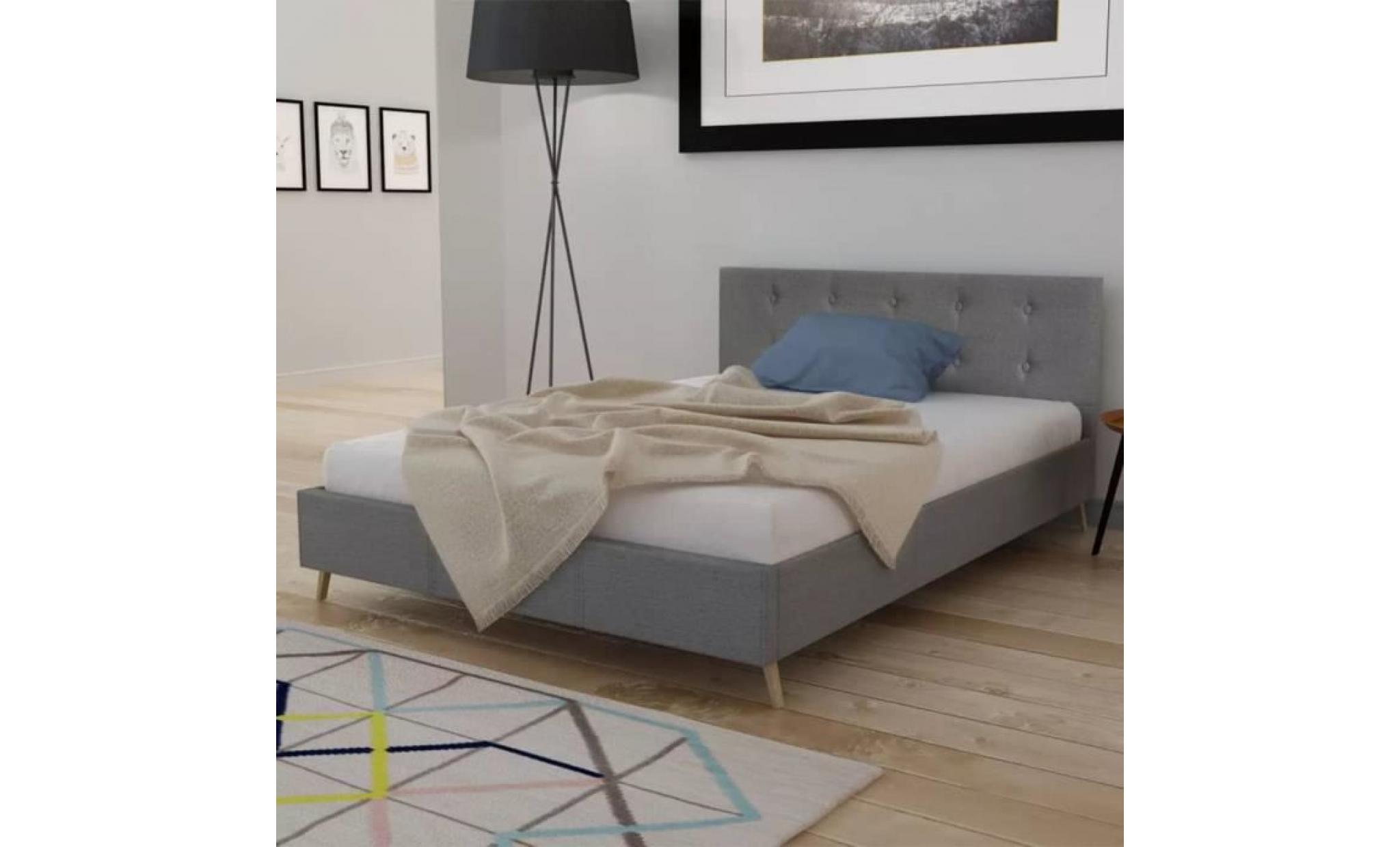 lit 140 x 200 cm stucture de lit cadre de lit comtemporain adulte bois capitonnage en tissu gris clair pas cher