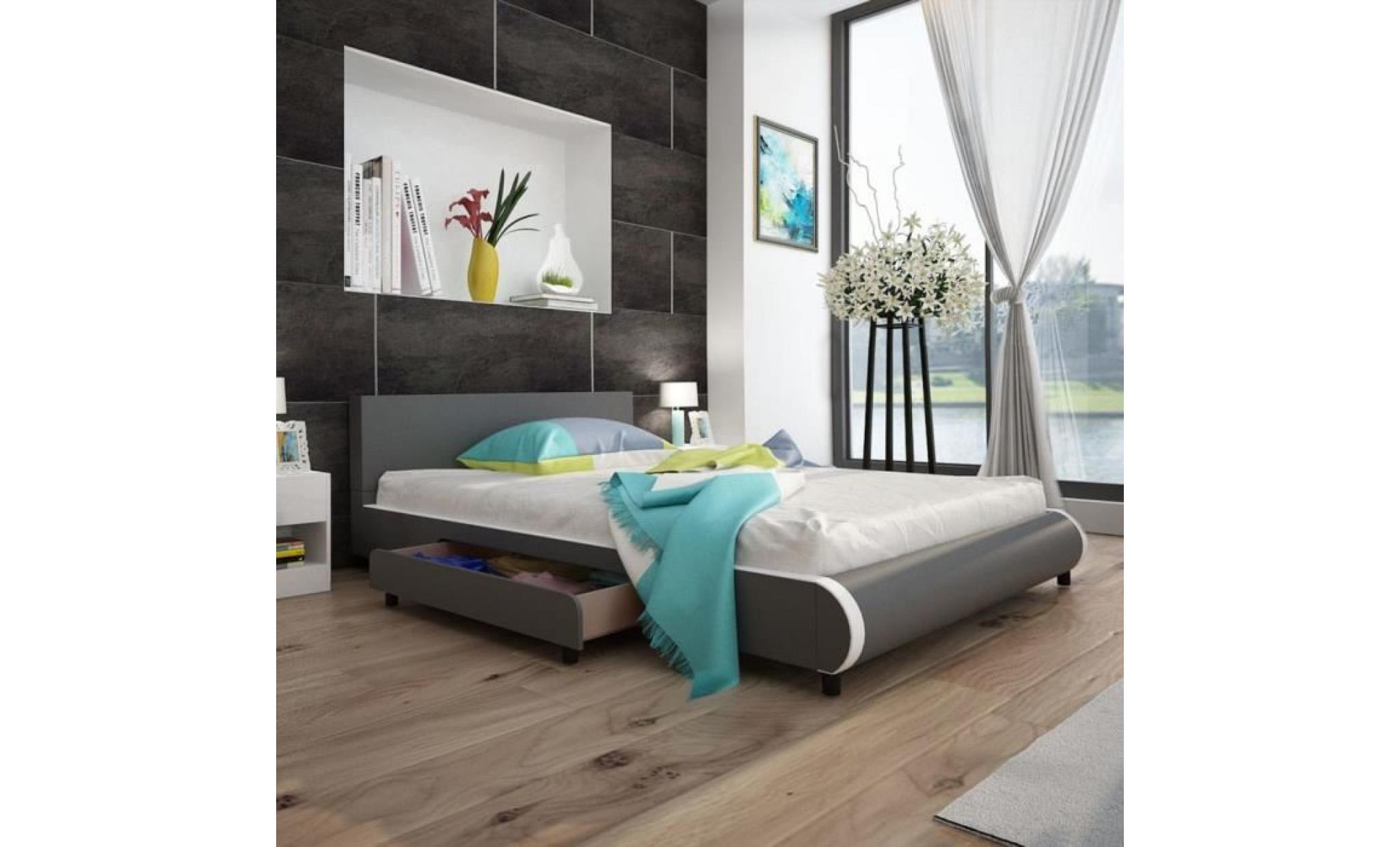 lit avec 2 tiroirs 140 x 200 cm cuir artificiel gris