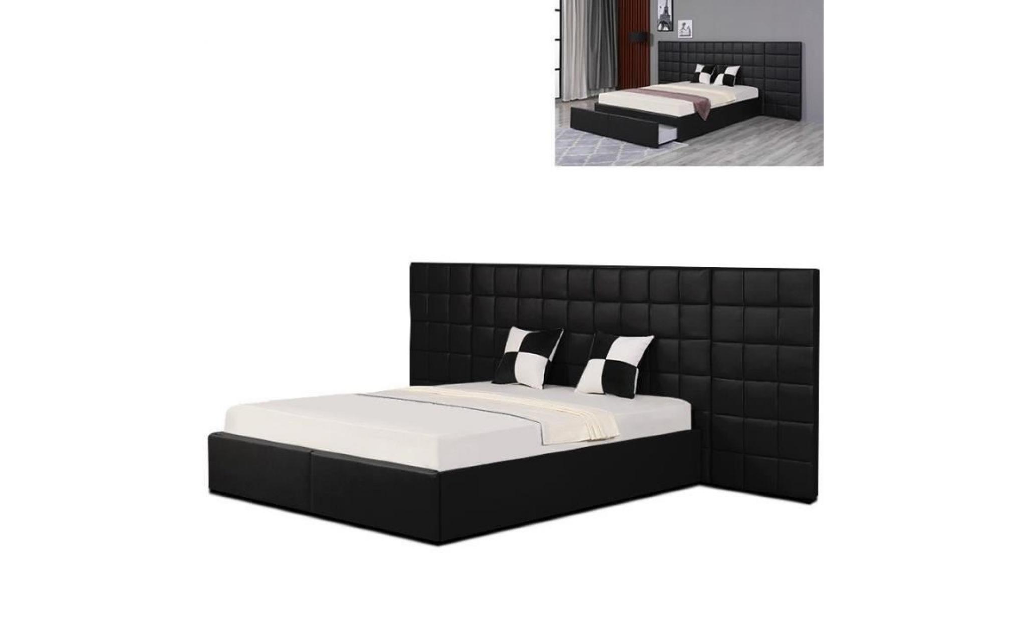 lit avec grande tête de lit king   noir   180x200