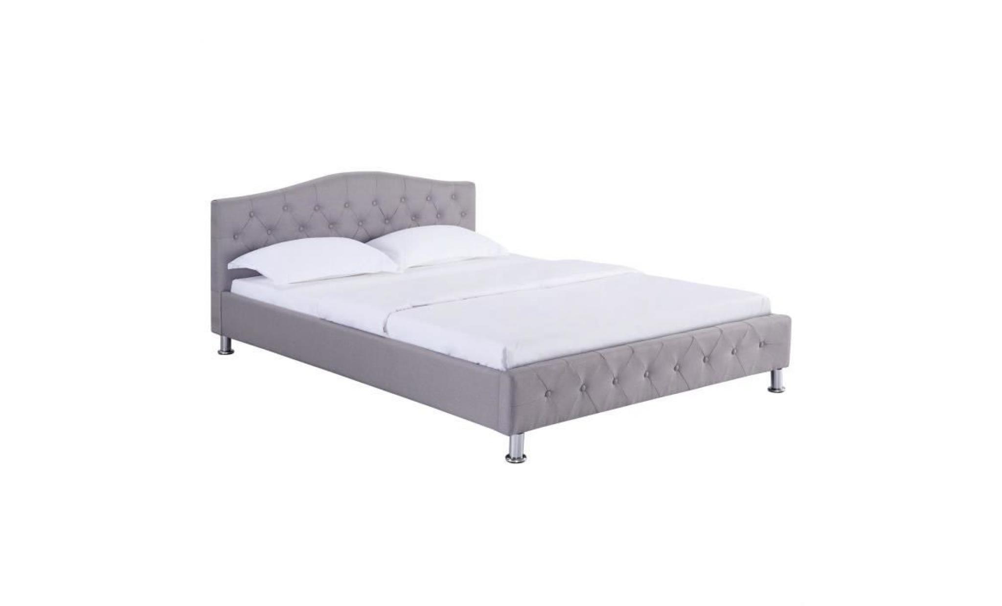 lit double pour adulte biarritz 140x190 cm 2 places / 2 personnes, avec sommier et pieds en métal chromé, tissu capitonné gris
