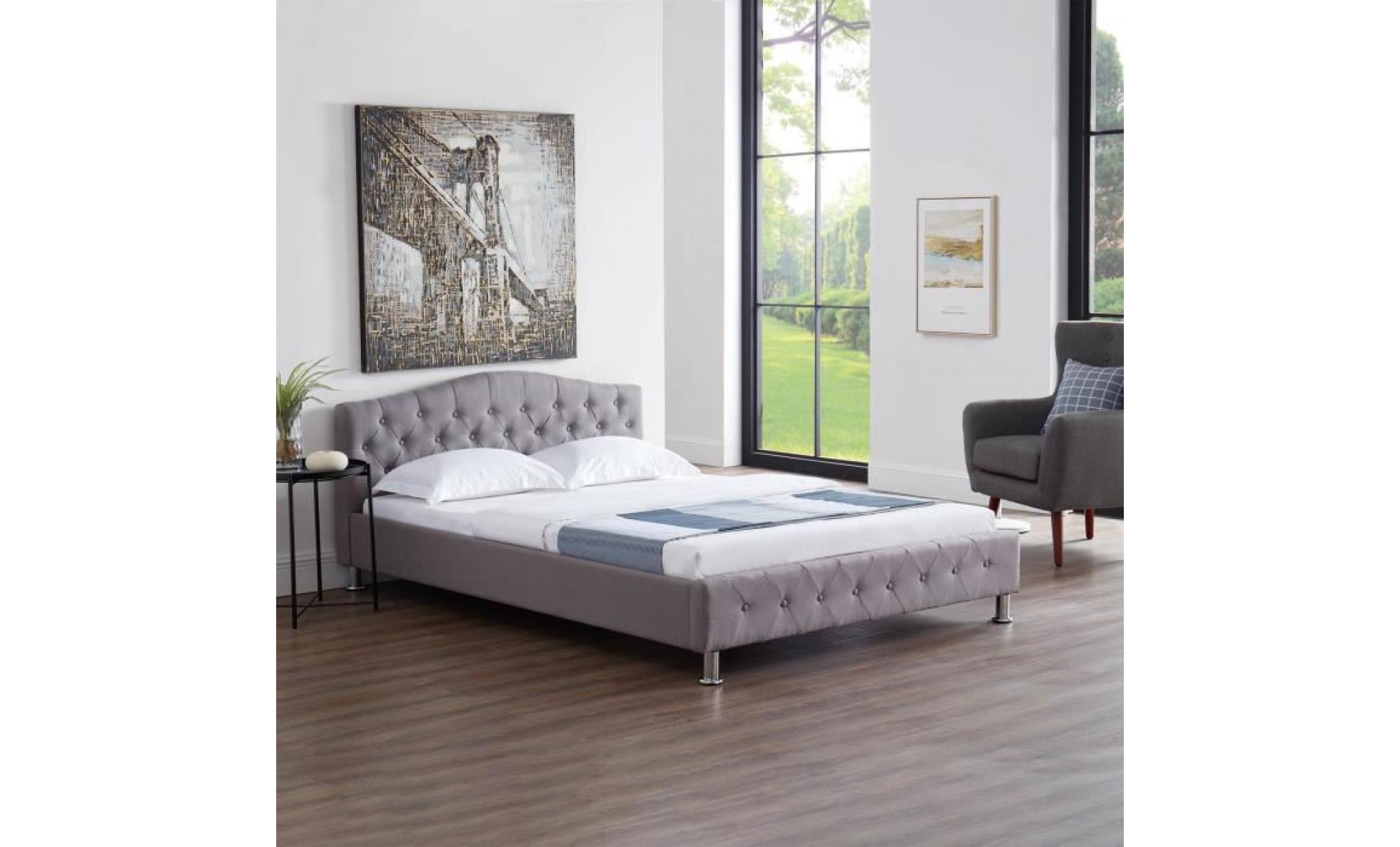 lit double pour adulte biarritz 140x190 cm 2 places / 2 personnes, avec sommier et pieds en métal chromé, tissu capitonné gris pas cher