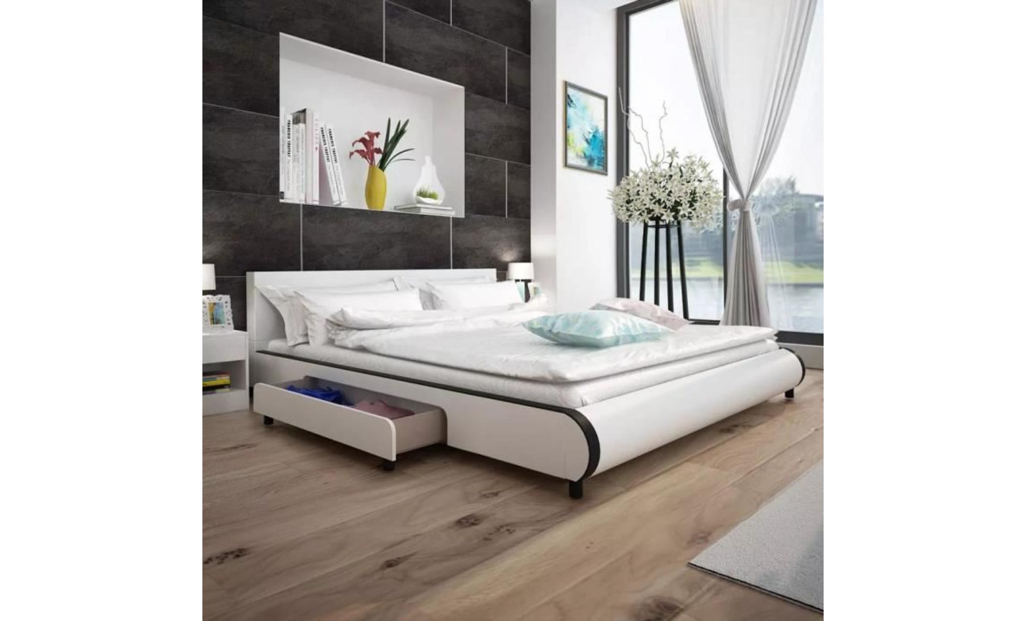 lit double structure de lit cadre de lit sans matelas avec 2 tiroirs 180 x 200 cm cuir artificiel blanc