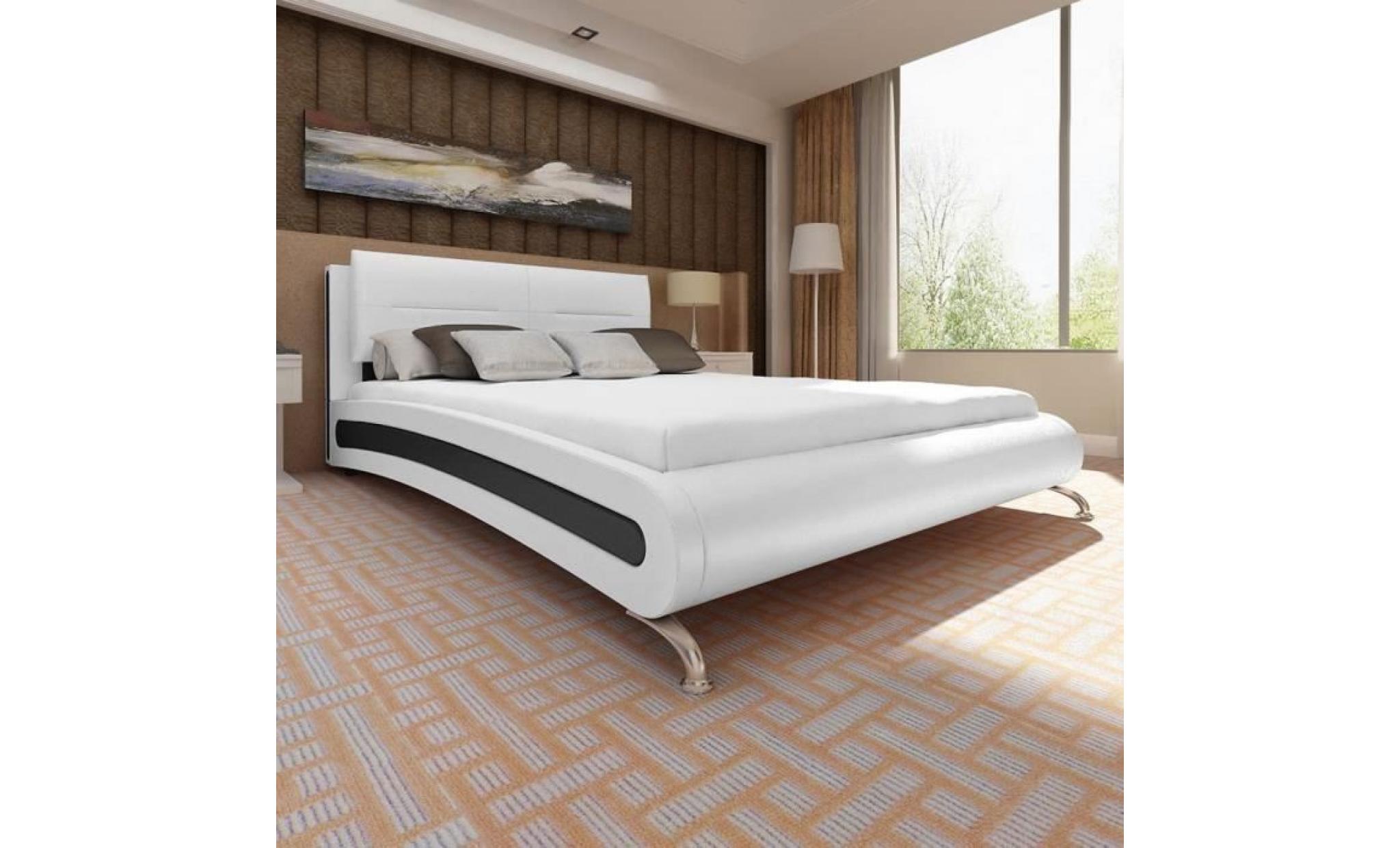 lit en similicuir avec pieds 200x180 cm blanc noir