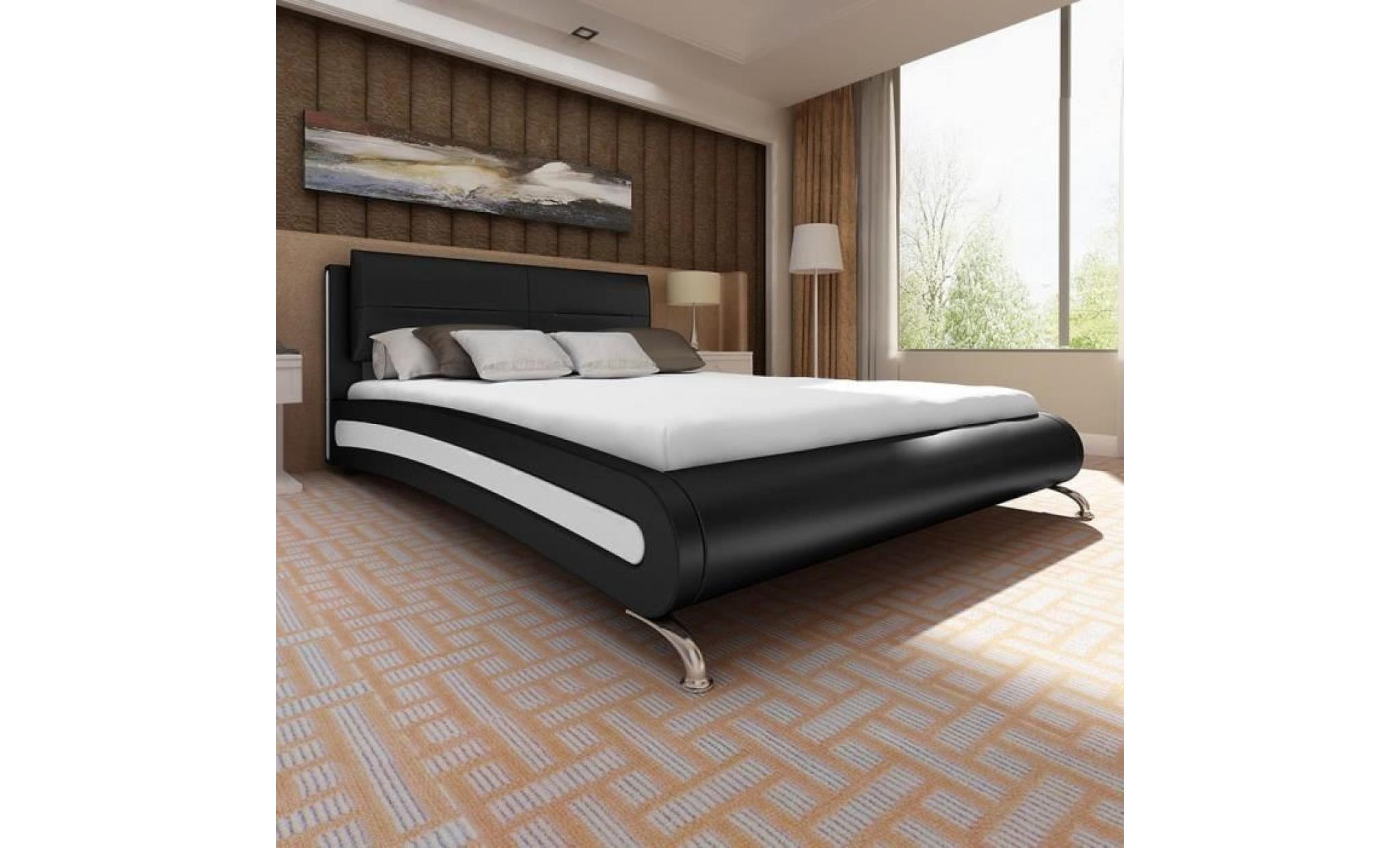 lit en similicuir avec pieds 200x180 cm noir blanc