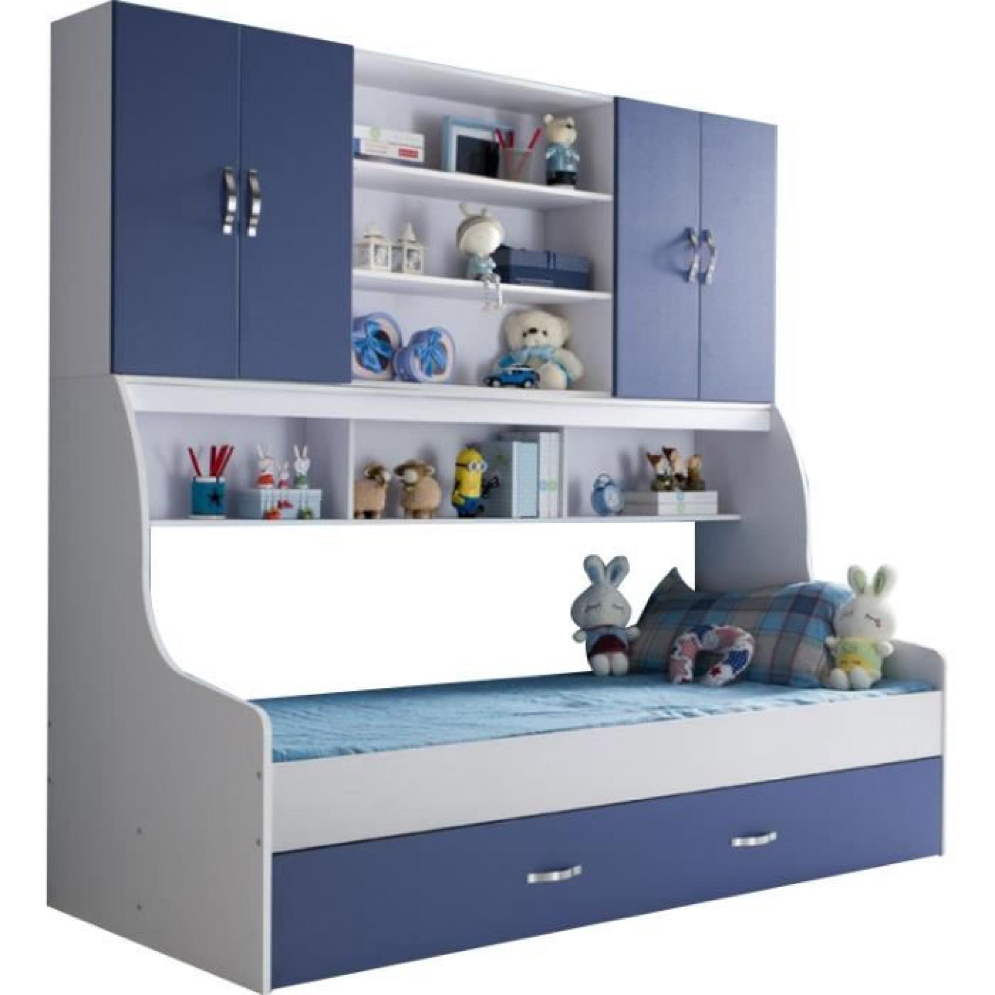 Lit enfant bleu 90x200 avec tiroir et rangement mural