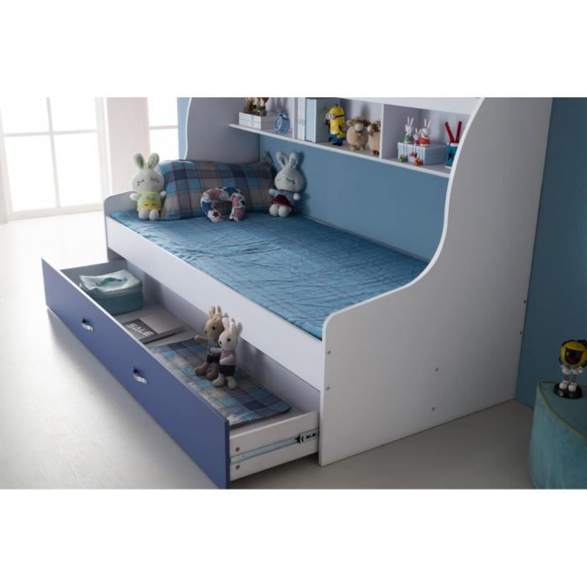 Lit enfant bleu 90x200 avec tiroir et rangement mural pas cher