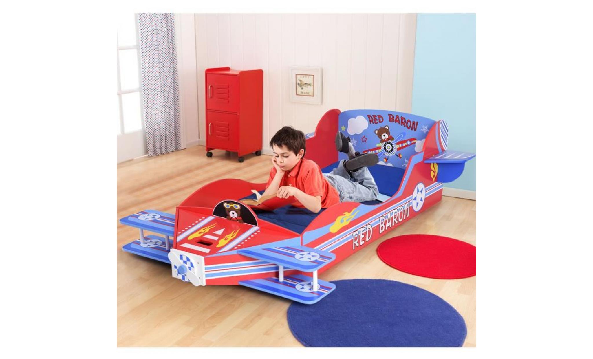 lit enfant cadre de lit enfant thème avion biplan avec hélice, coffre à jouets 185x111x50cm