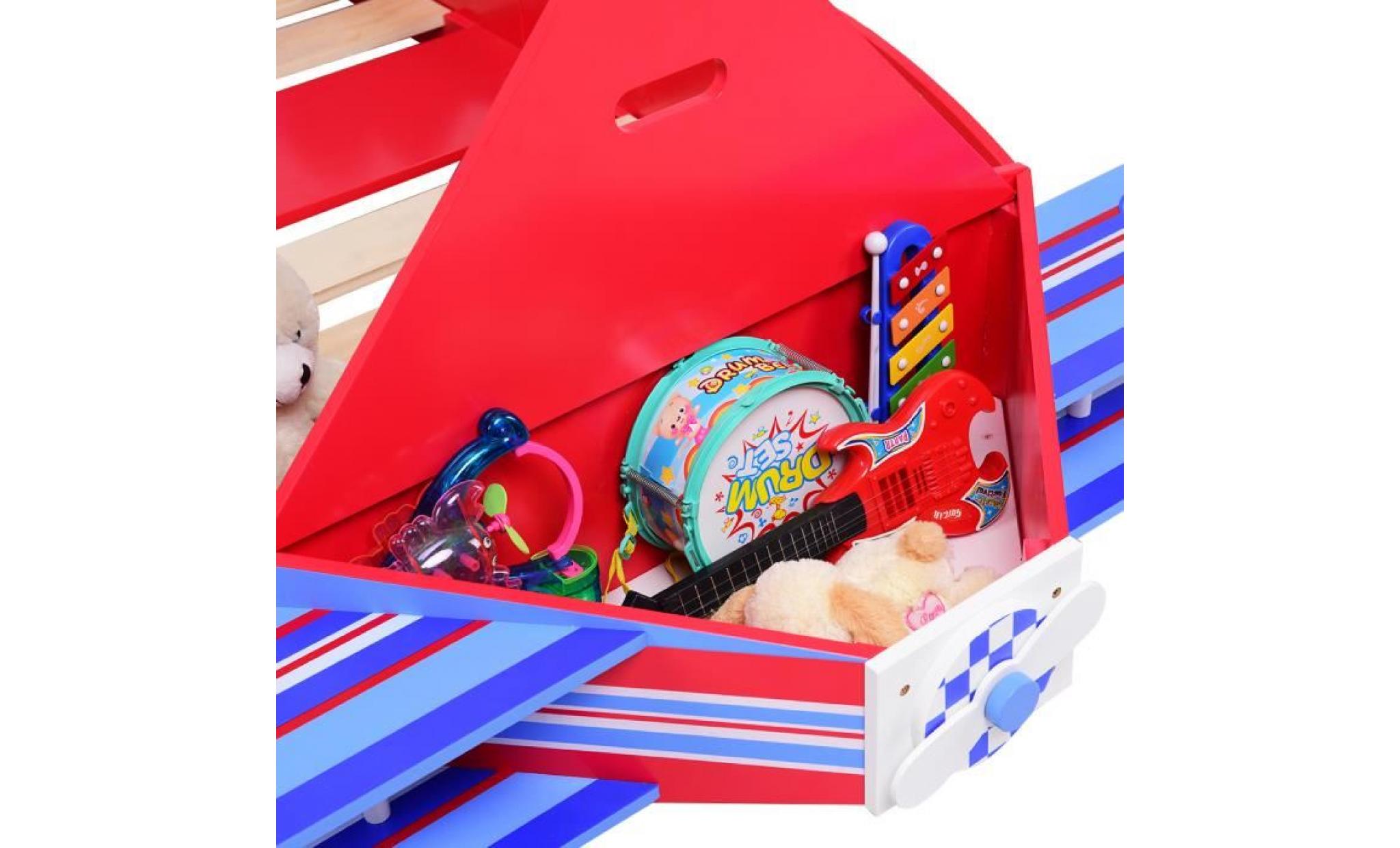 lit enfant cadre de lit enfant thème avion biplan avec hélice, coffre à jouets 185x111x50cm pas cher