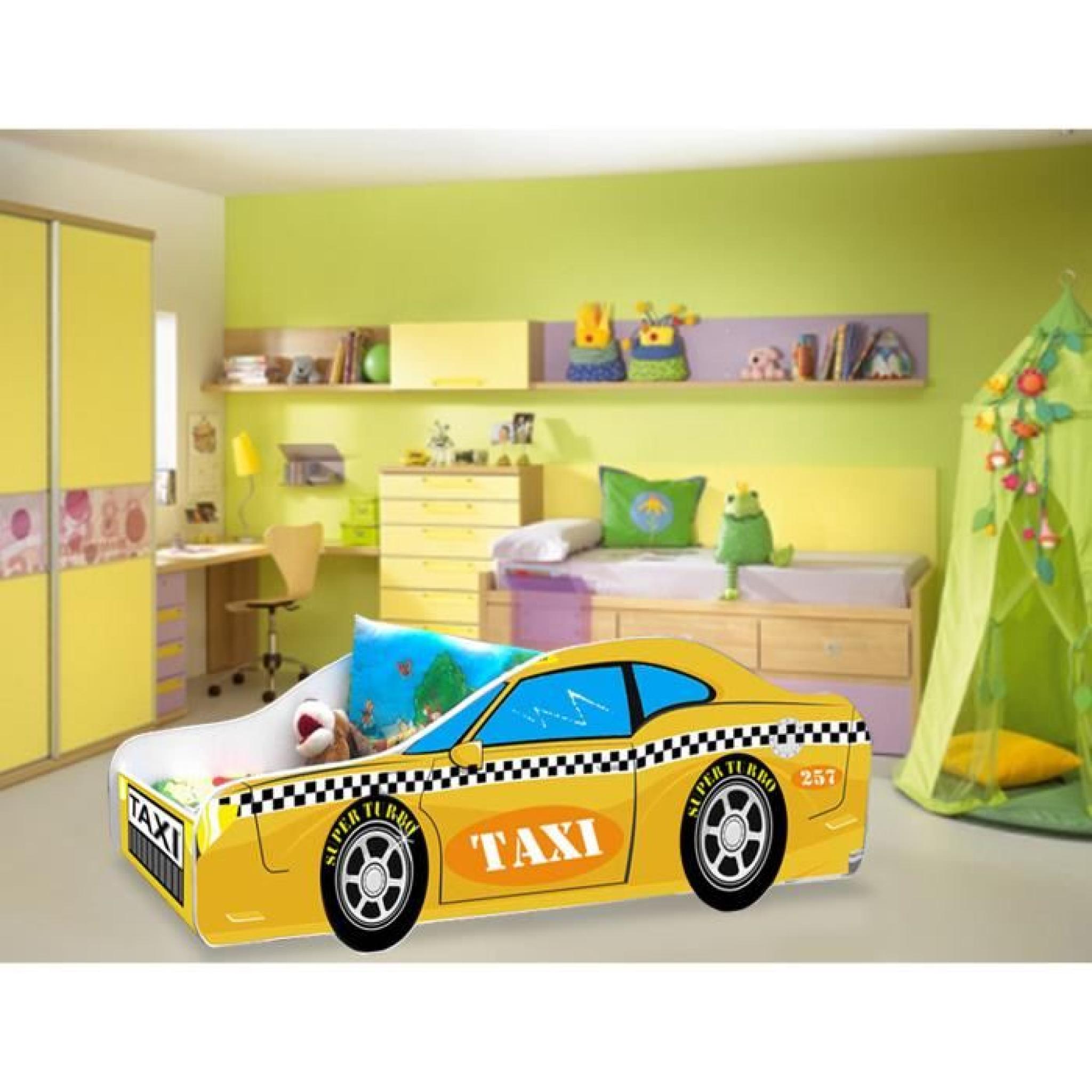 Lit enfant voiture Taxi jaune sommier+matelas 140 x 70 cm 