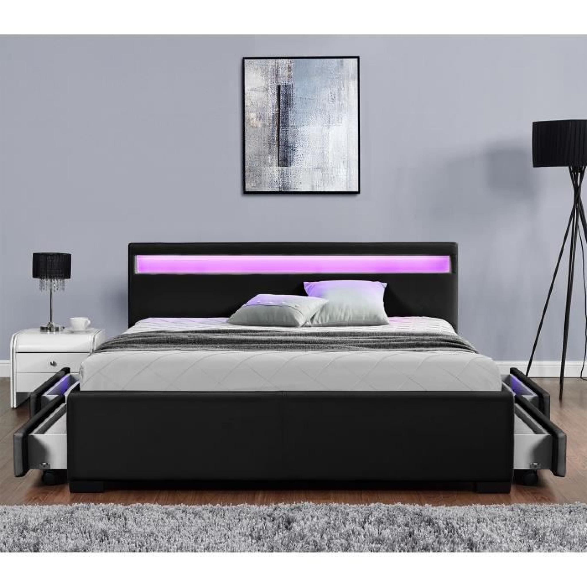 Lit Enfield - Noir LED et rangements tiroirs - 160x200 cm pas cher