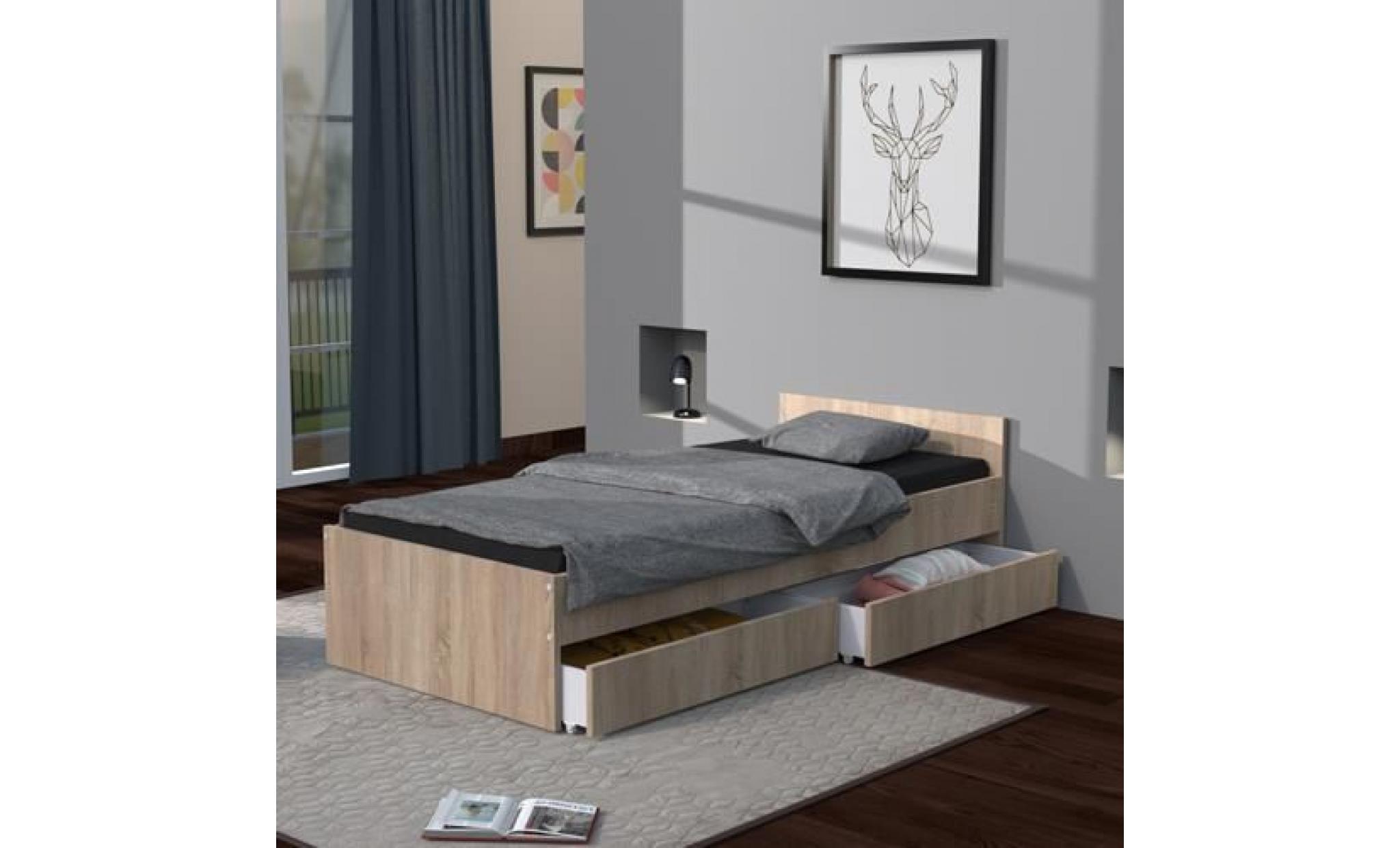 lit kappa 90x200 cm avec tête de lit et 2 tiroirs / chêne blanchi