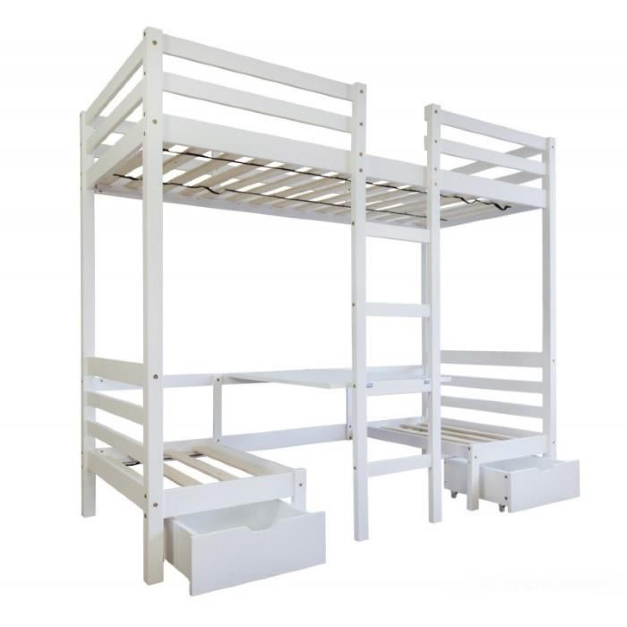 Lit mezzanine avec espace bureau 90x200cm avec échelle en bois blanc LIT06088