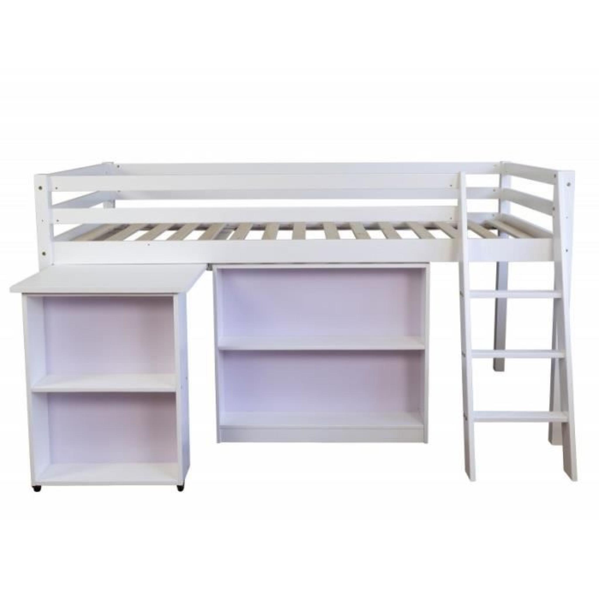 Lit mezzanine bois blanc 90x200cm avec étagère échelle bureau et sommier à lattes LIT06087