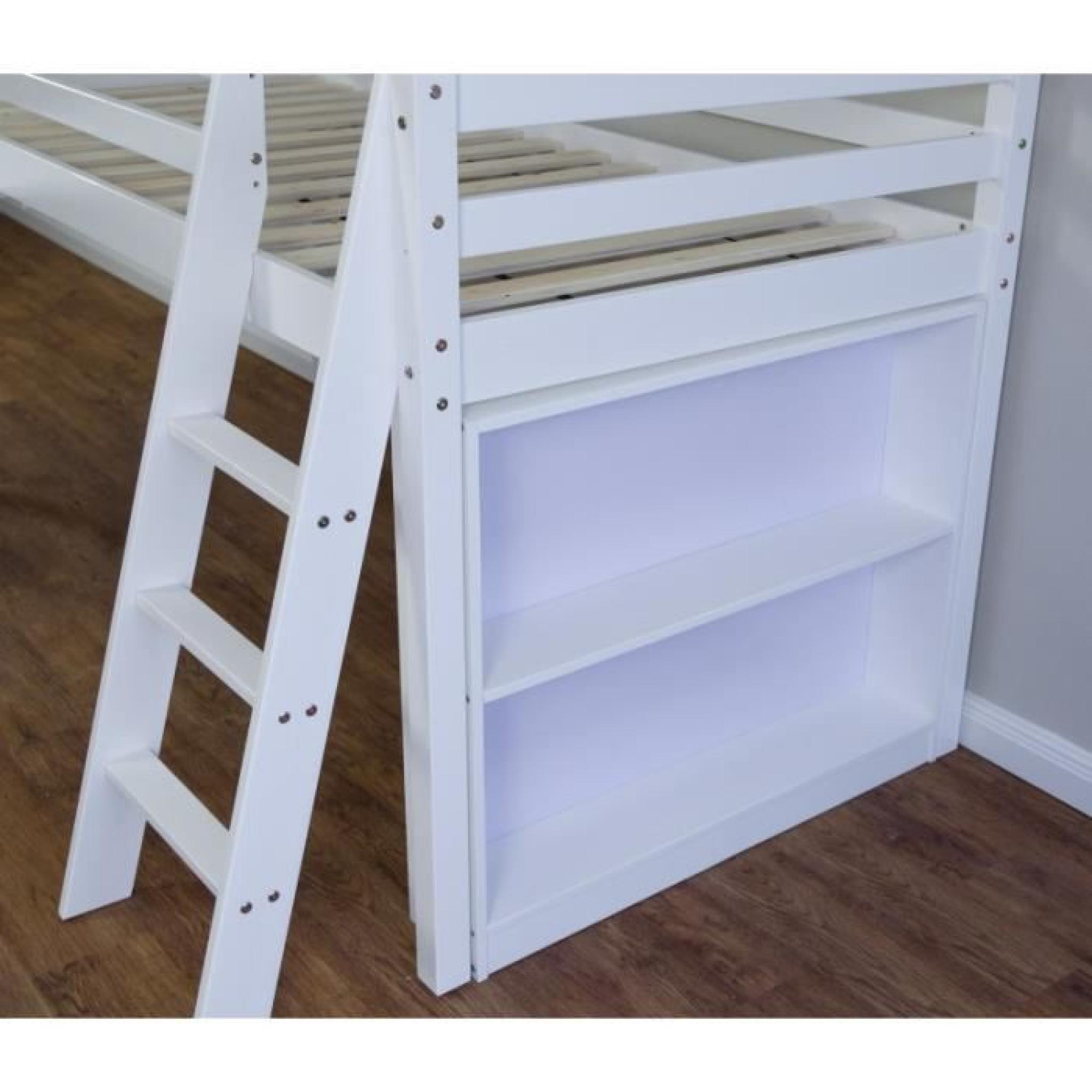 Lit mezzanine bois blanc 90x200cm avec étagère échelle bureau et sommier à lattes LIT06087 pas cher