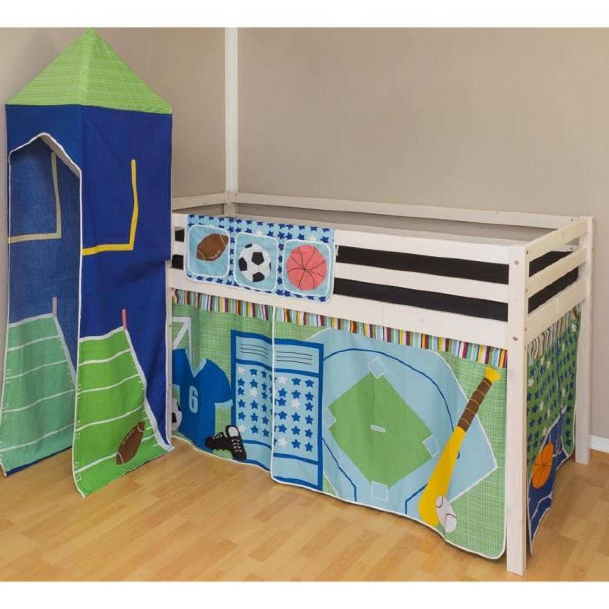 Lit mezzanine pour enfant avec toile décoration bleu avec tobogan