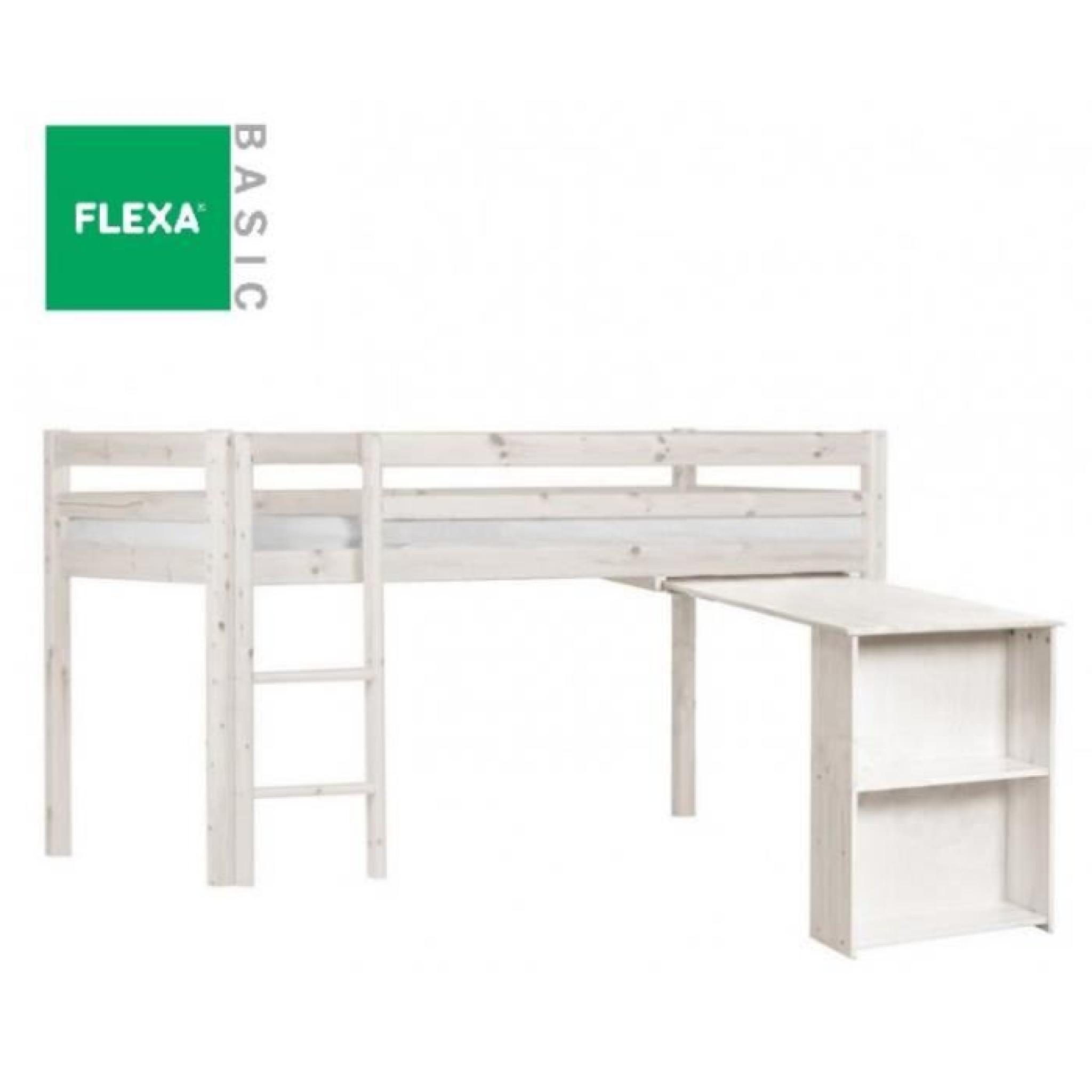 Lit mi haut FLEXA avec bureau en pin vernis blanchi couchage 90 x 200