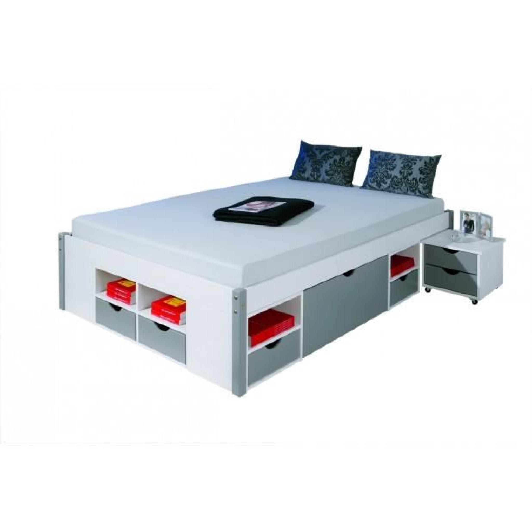 lit multi-rangements 140 x 200cm  pin massif blanc & gris - avec sommier pas cher