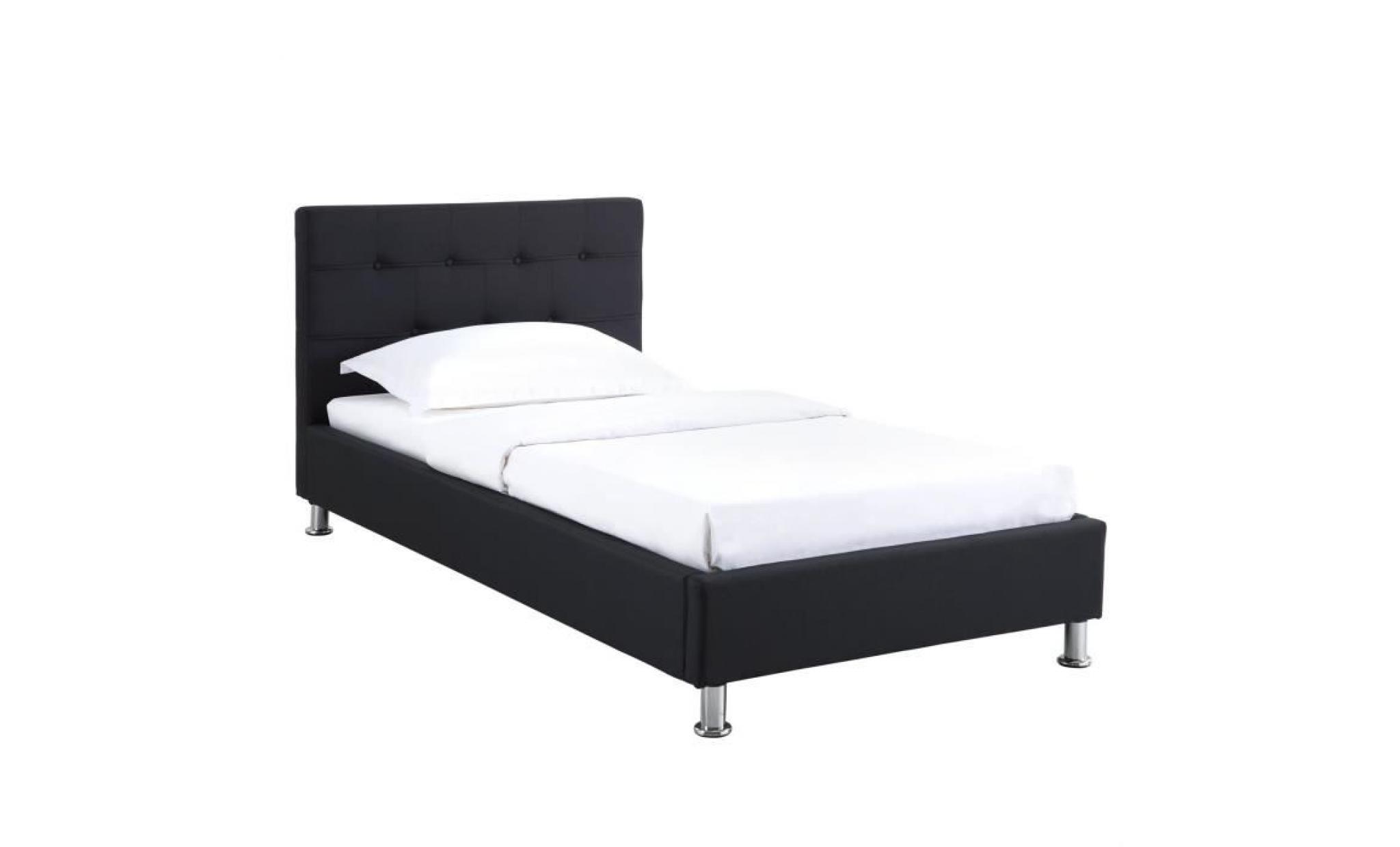 lit simple pour adulte ou enfant nizza 90x190 cm 1 place / 1 personne, avec sommier et pieds en métal chromé, tissu capitonné noir