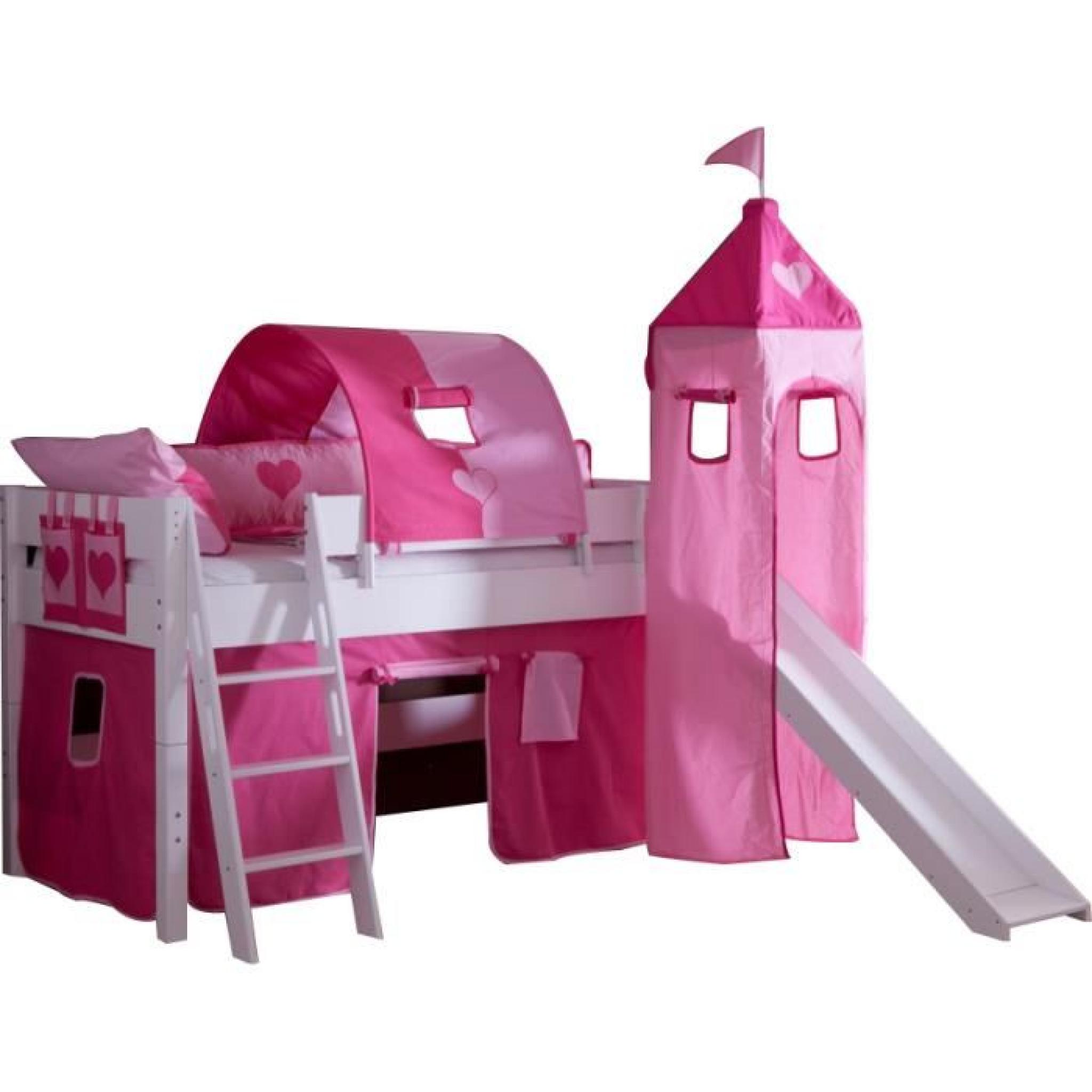 Lit surélevé avec toboggan 90x200 design Château rose