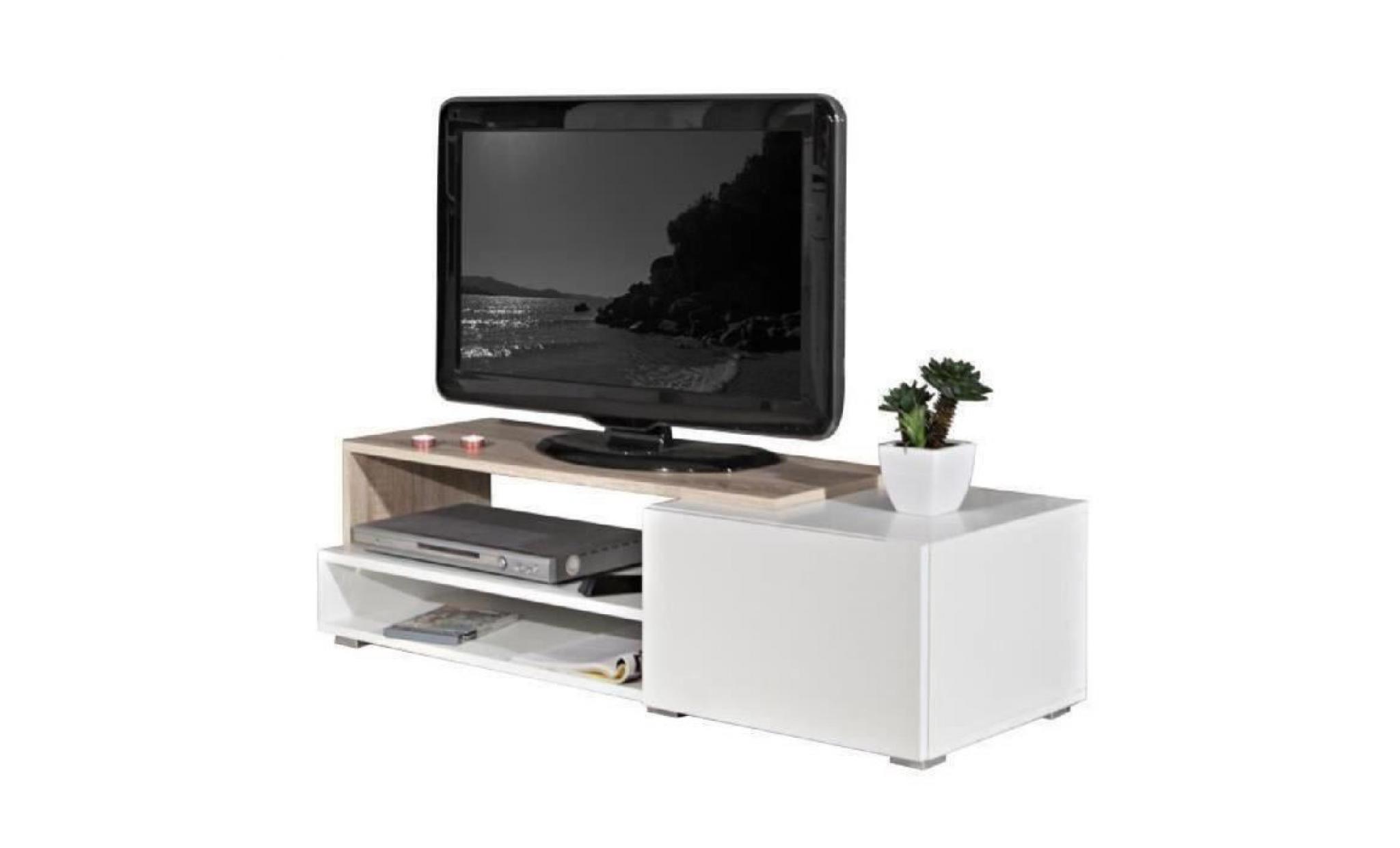 logo meuble tv contemporain mélaminé blanc et décor chêne + façades laquées   l 120 cm