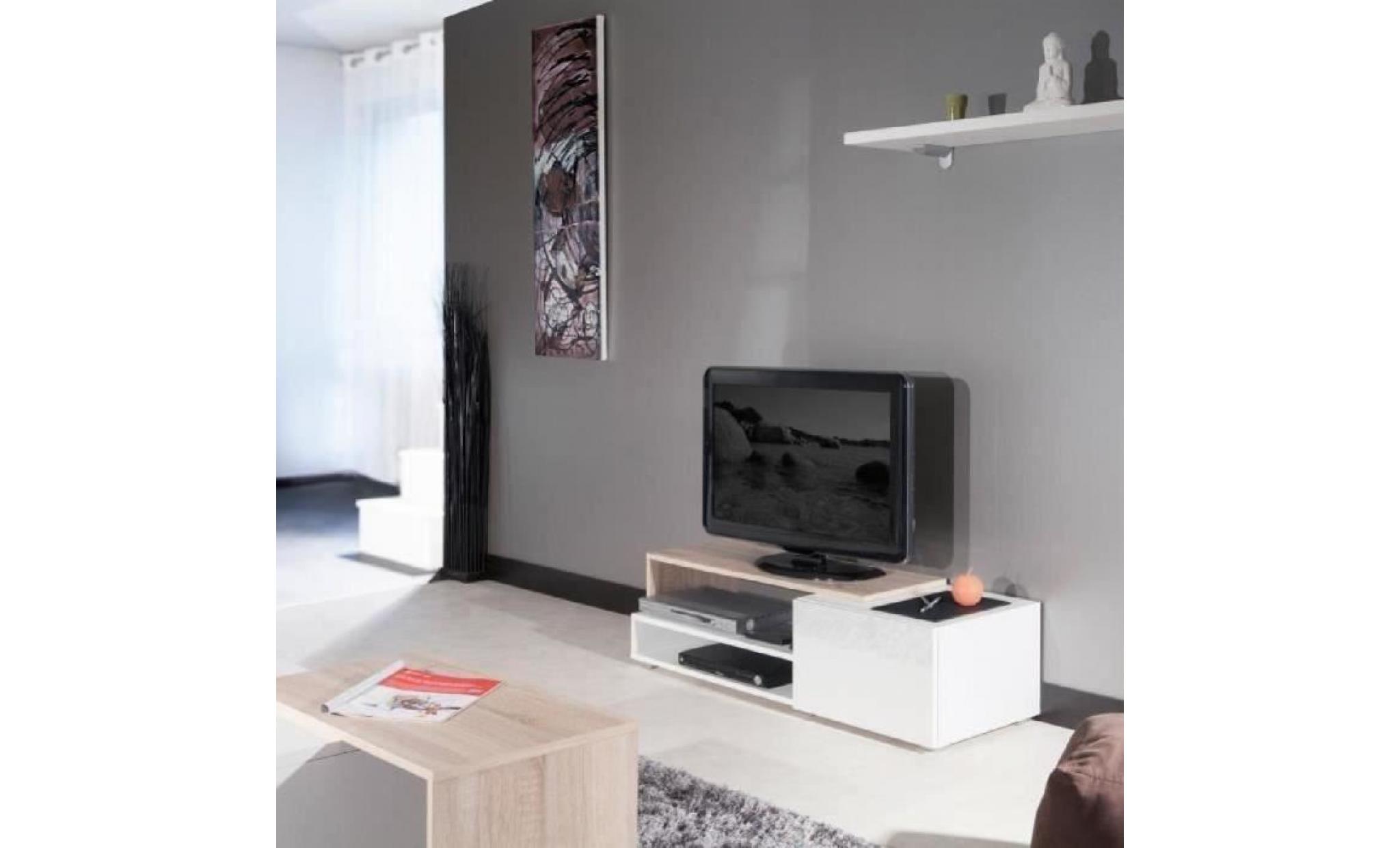 logo meuble tv contemporain mélaminé blanc et décor chêne + façades laquées   l 120 cm pas cher