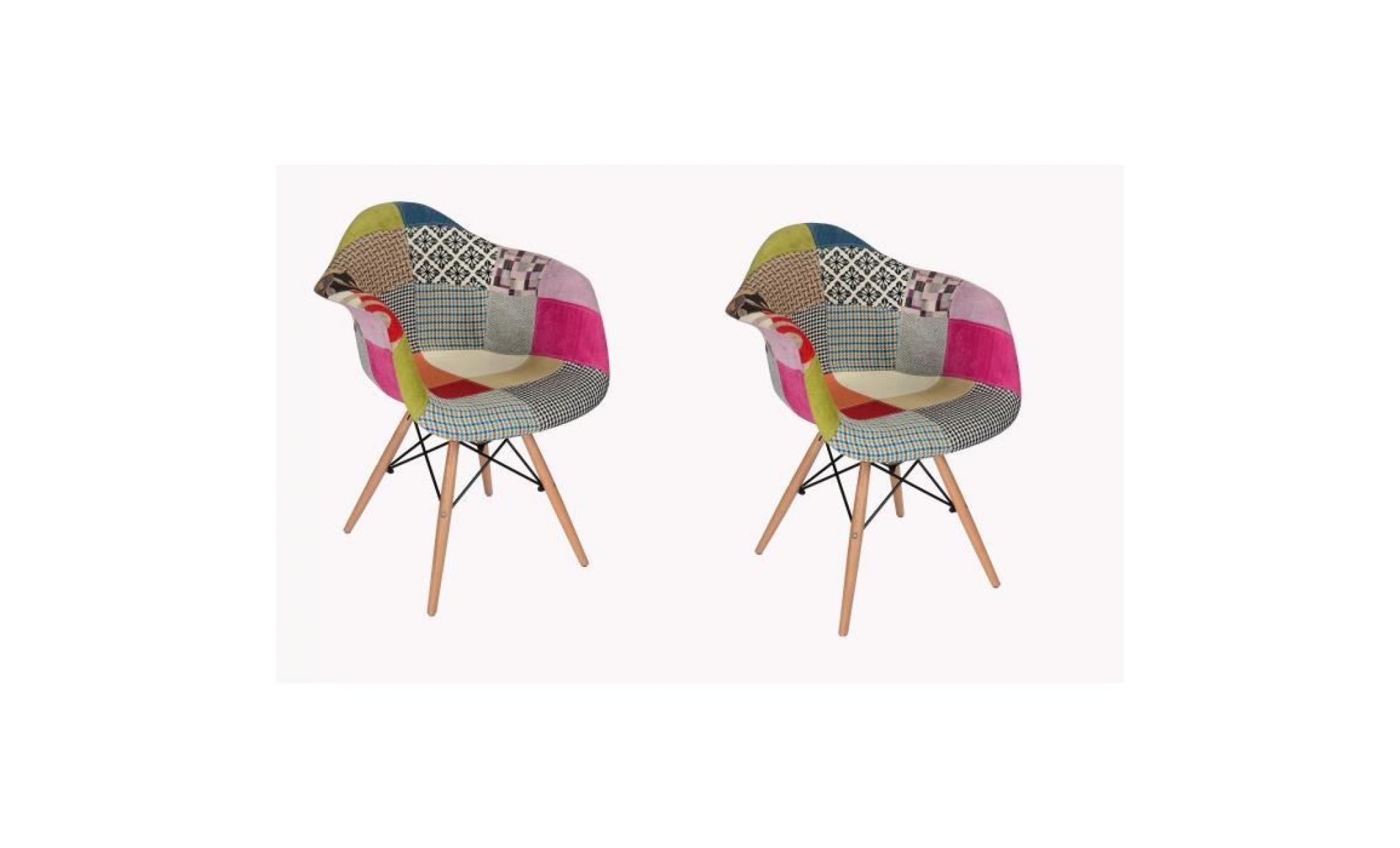 lot 2 fauteuils patchwork tapissés design    tissu rembourré & pieds en  bois massif   collection enzo