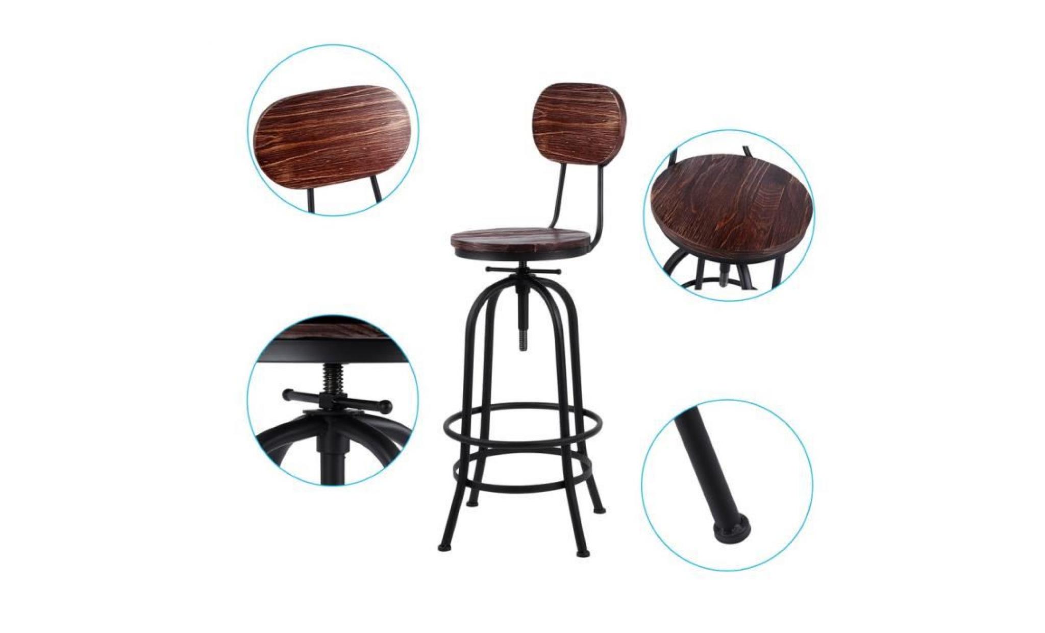 lot de 2 stool de café en bois pied en fer hauteur réglable chaise vintage de bar de maison pas cher