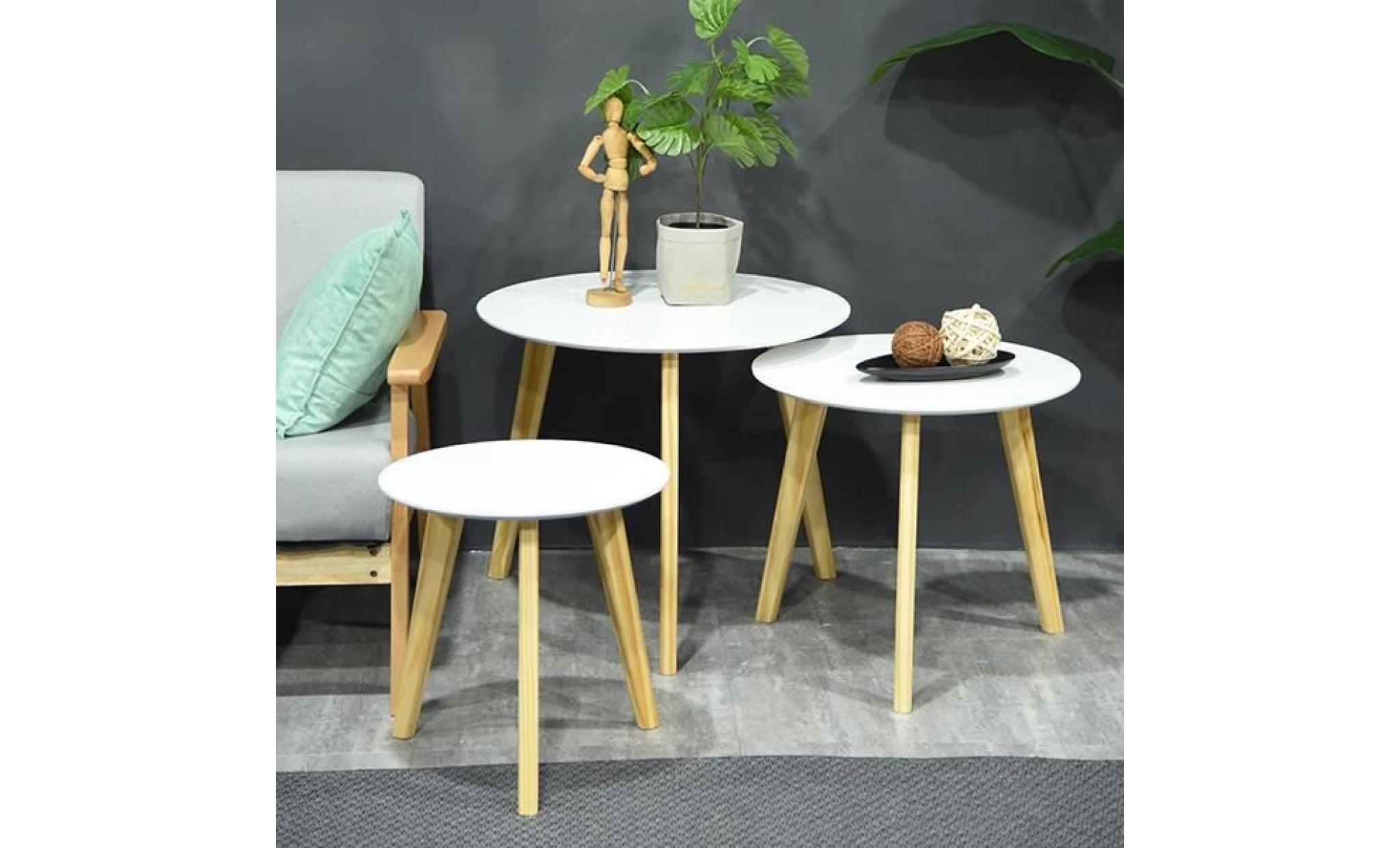 jkk ensemble de table basse salon bois en pin laqué blanc scandinave  set of 3 tables pieds en bois massif l60xw60xh50cm