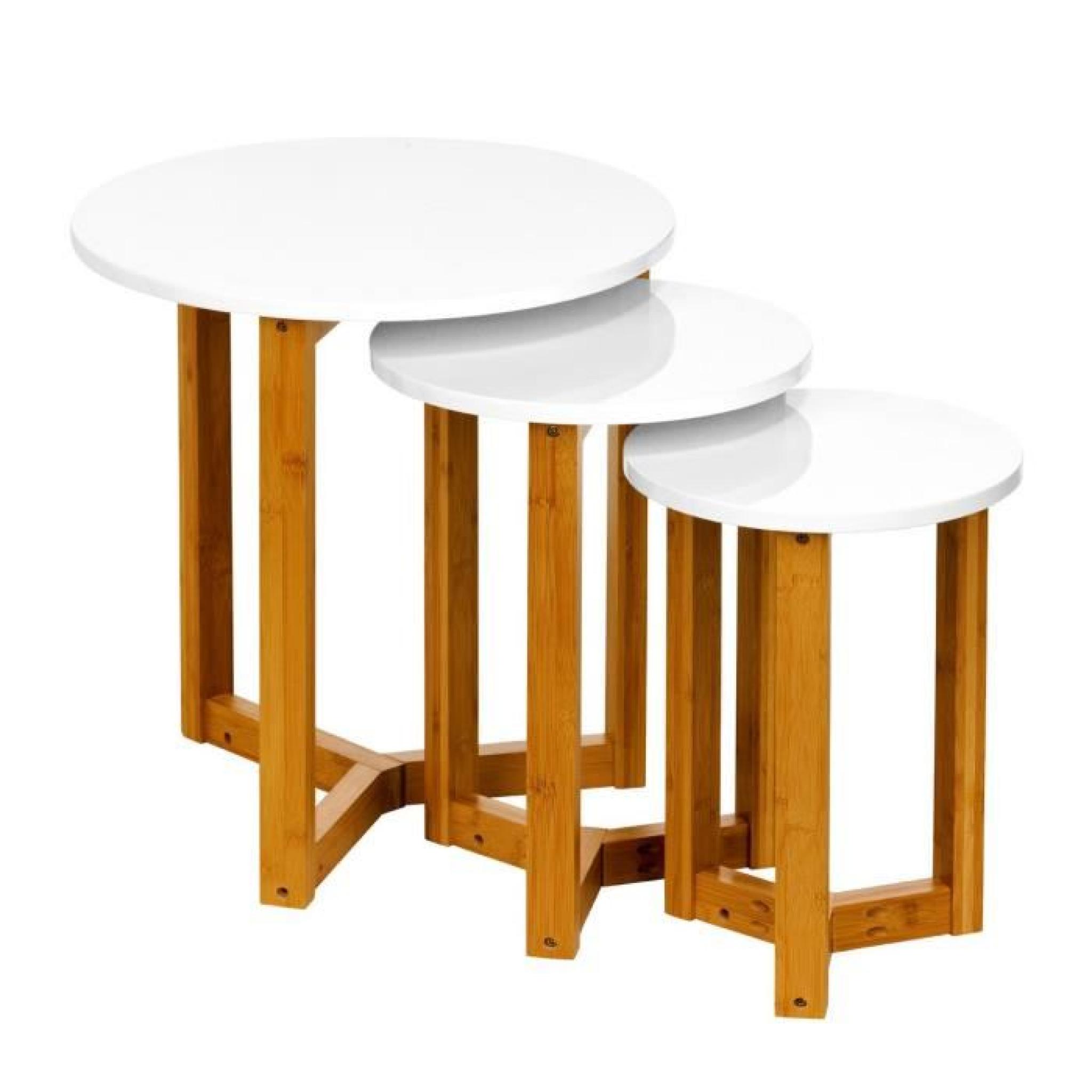 Lot de 3 Tables gigognes rondes MDF blanches très brillantes, pieds en bambou