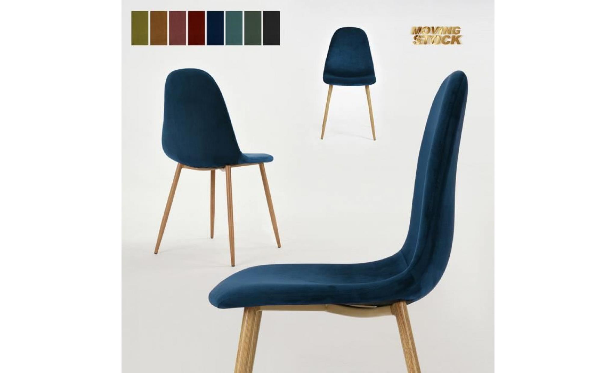 lot de 4 chaises   bleues velours   scandinave   pied métal look bois   44.5x40x88cm