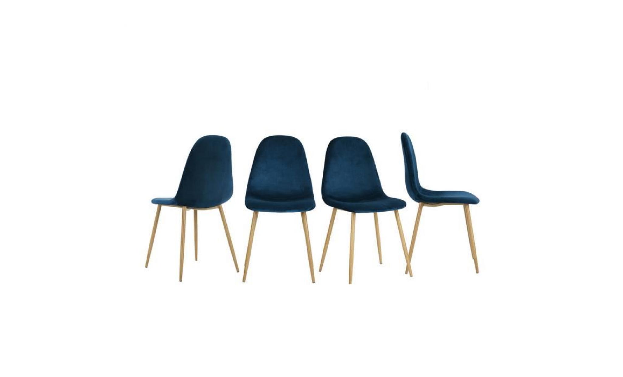 lot de 4 chaises   bleues velours   scandinave   pied métal look bois   44.5x40x88cm pas cher
