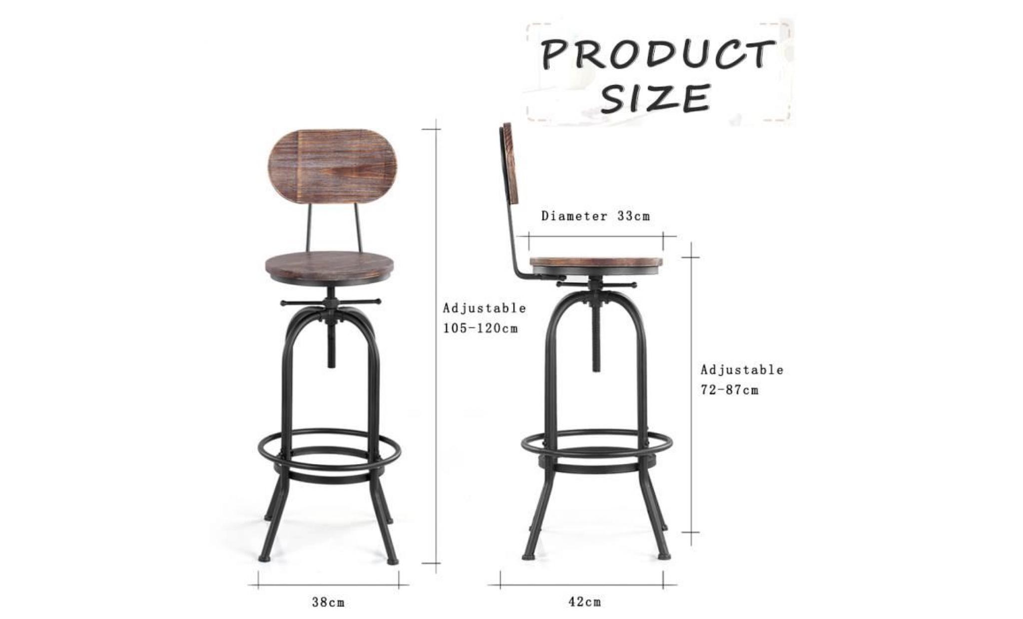 lot de 4 chaises de bar de style industriel en bois réglable en hauteur, lot de 2 tabourets de bar, tabouret de bar industriel bois pas cher